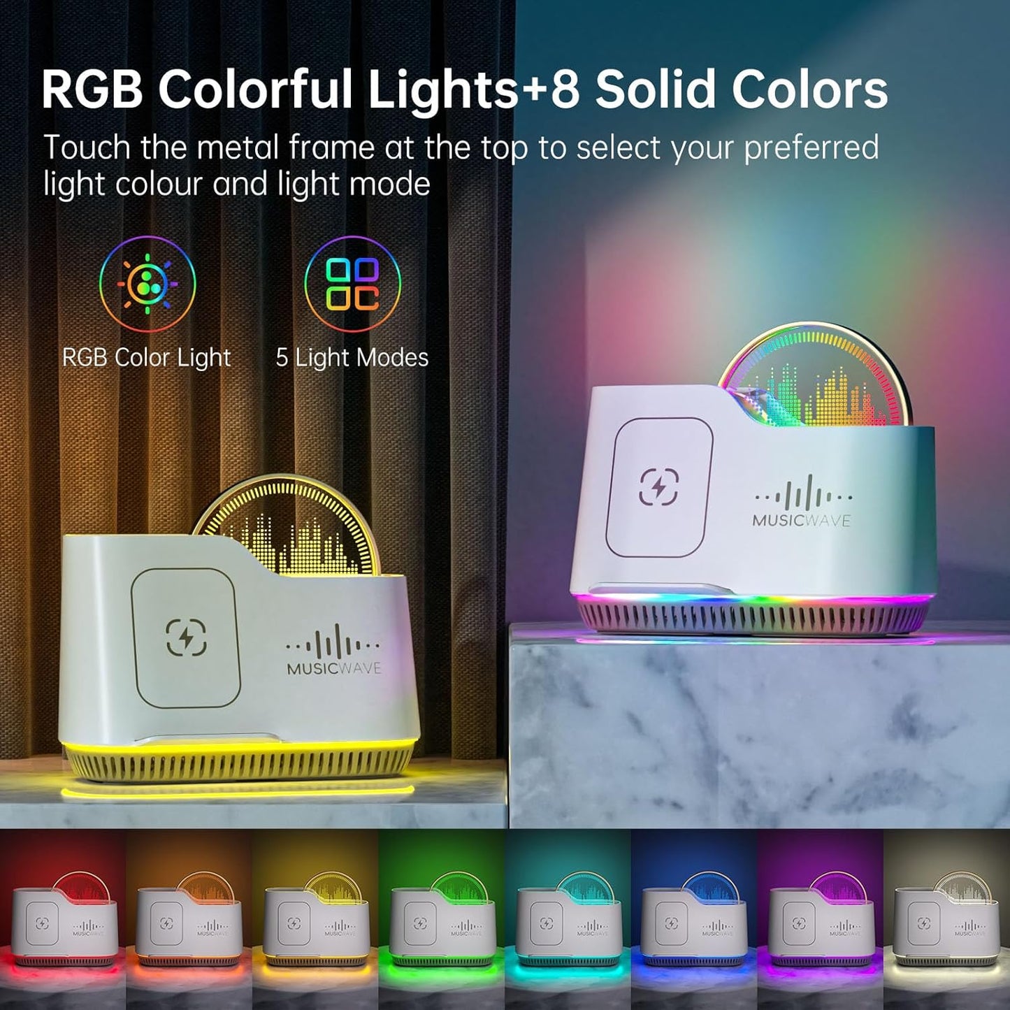 Night Lights Bluetooth Speaker, 15W Wireless Charger with Phone Holder, Touch Control Bedside Lamp with Dynamic Colored Music Light, Dimmable Light Room Decor for Teenage Girls Boys Gifts