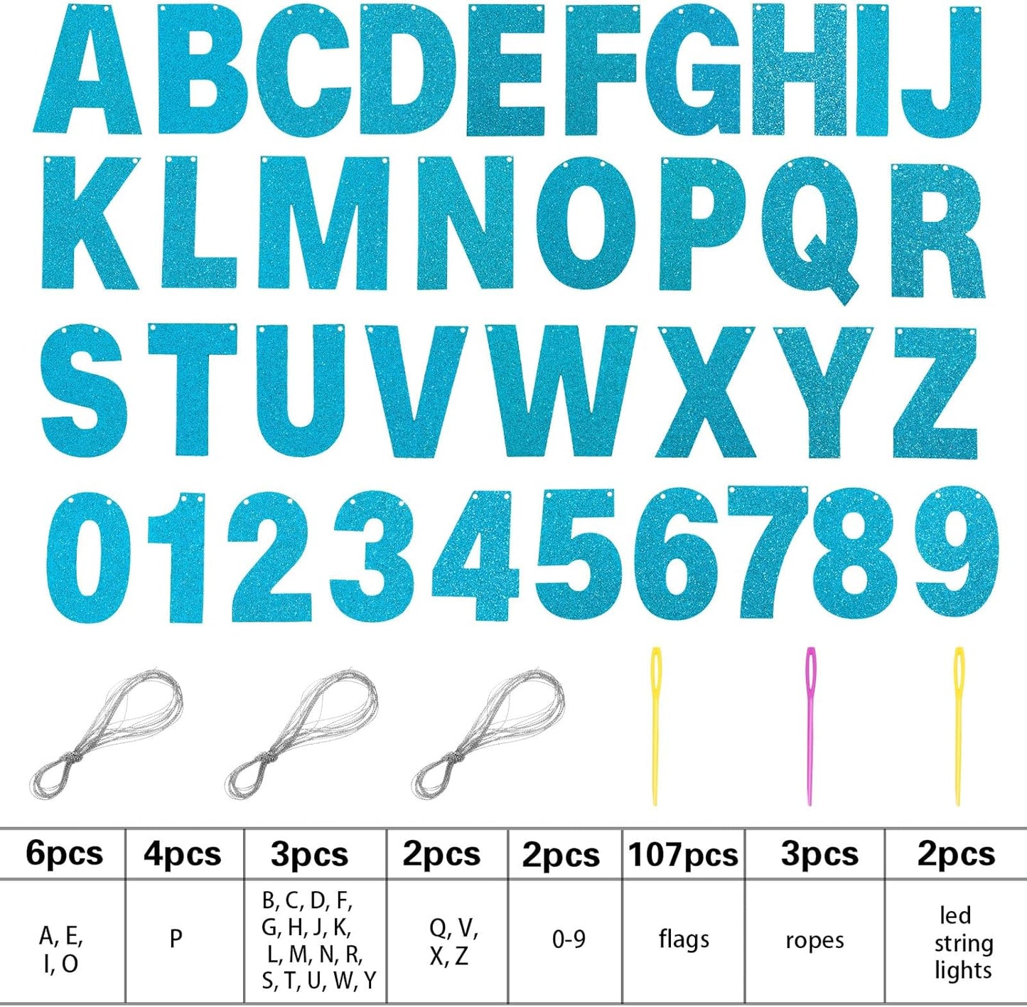 TaoBary 112 Pcs DIY Letter Custom Banner Glitter Customizable Banner Kit Including 107 Letters and Numbers 3 Rope for Valentine Birthday Party(Baby Blue)