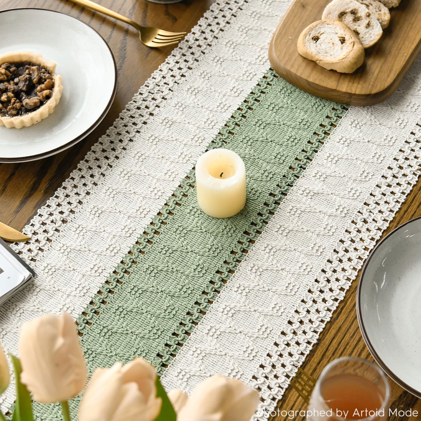 Artoid Mode Light Green Farmhouse Rustic Table Runner, Seasonal Holiday Hollow Kitchen Dining Table Decoration for Home Party Decor 12x108 Inch