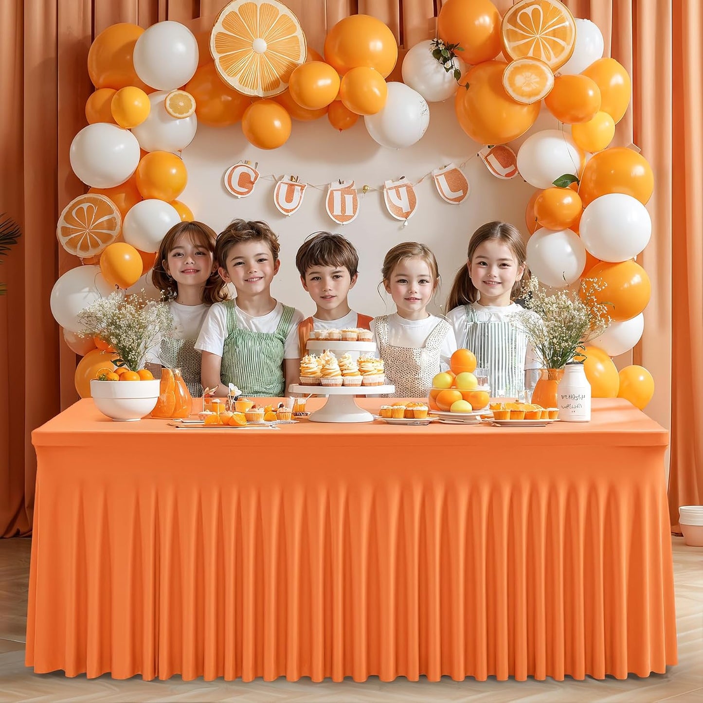 Wish Care 2 Pack Orange Spandex Table Clothes for 6 Foot Rectangle Tables, 6FT Wrinkle Free Fitted Tablecloths Ruffles Design Table Cover for Party, Banquet, Wedding and Events