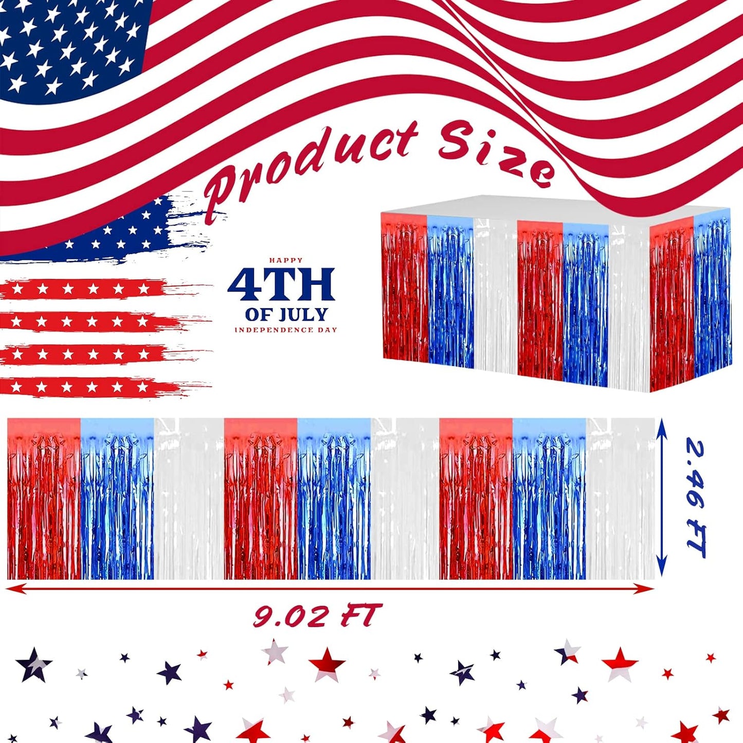 4 Pack 29x108 Inch Metallic Foil Fringe Tinsel Table Skirts for Rectangle Tables Streamer Backdrop for Wedding, Birthday, Parade Floats, Christmas, Halloween Party Decoration(White Blue Red)