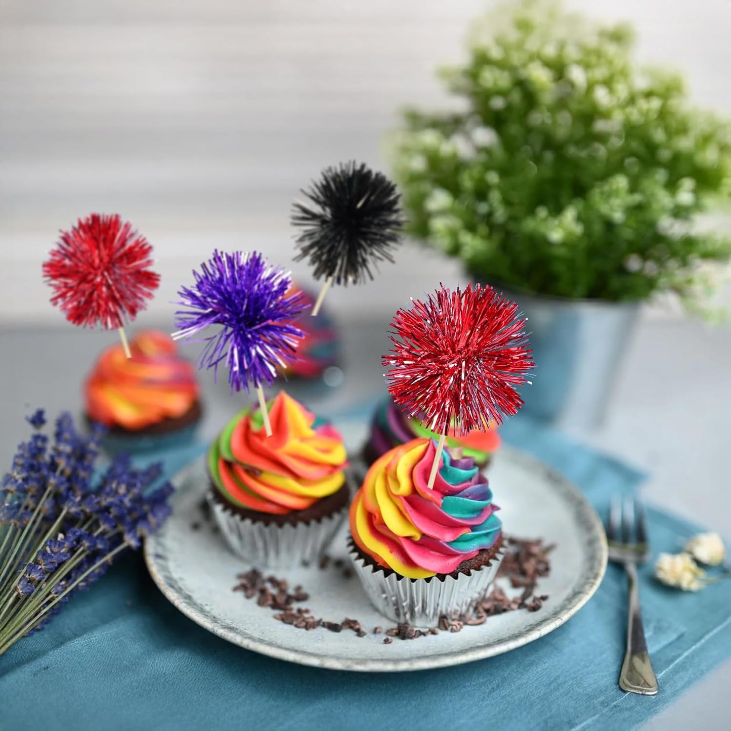Gyufise 30Pcs Foil Firework Cupcake Toppers Sparkle Tinsel Cake Toppers Tinsel Drink Cake Decoration Cocktail Picks for Halloween Birthday Wedding Graduation Party Supplies Purple Black Red
