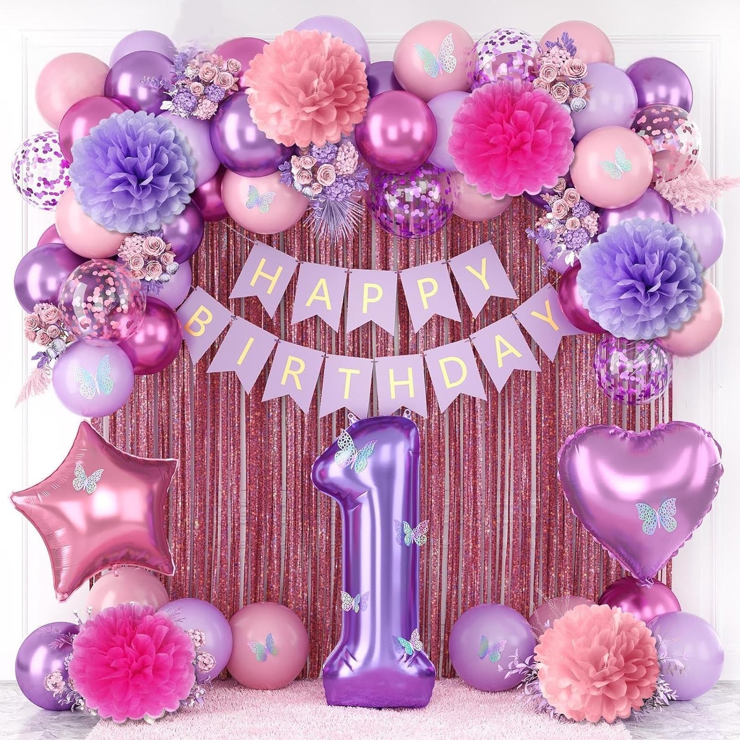 Pink Purple 1st Birthday Party Decorations for Girls Number 1 Balloon Happy Birthday Banner Butterfly Stickers Fringe Curtain Paper Pom Poms Metallic Hot Pink Star Foil Balloons Baby 1 Year Old Decor