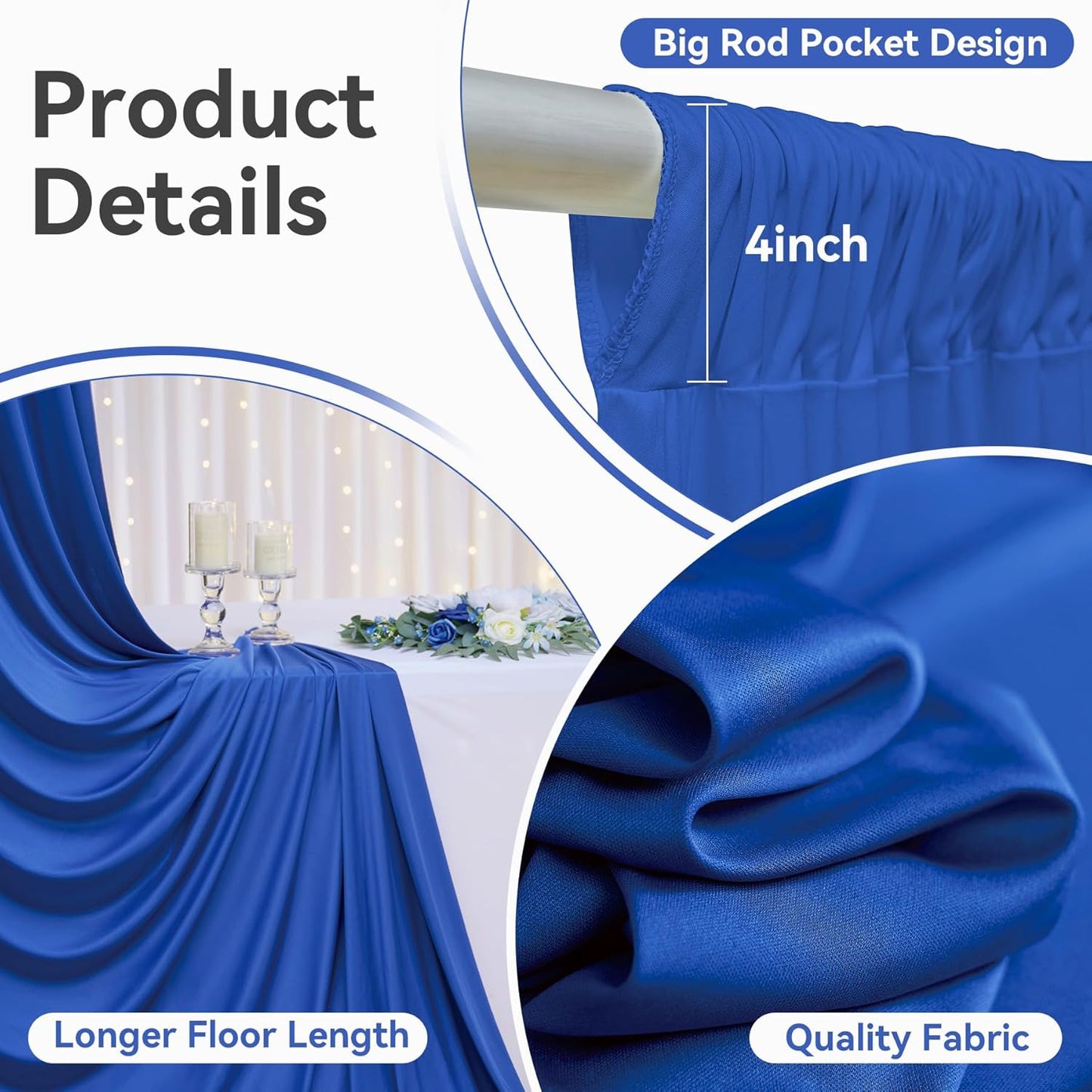 50ftx12ft Wrinkle Free Royal Blue Backdrop Curtain, 10 Panels 12FT Height Royal Blue Wedding Backdrop Drapes, Silky Polyester Back Drop Cloth for Birthday Photography Background Party Backdrop Draping