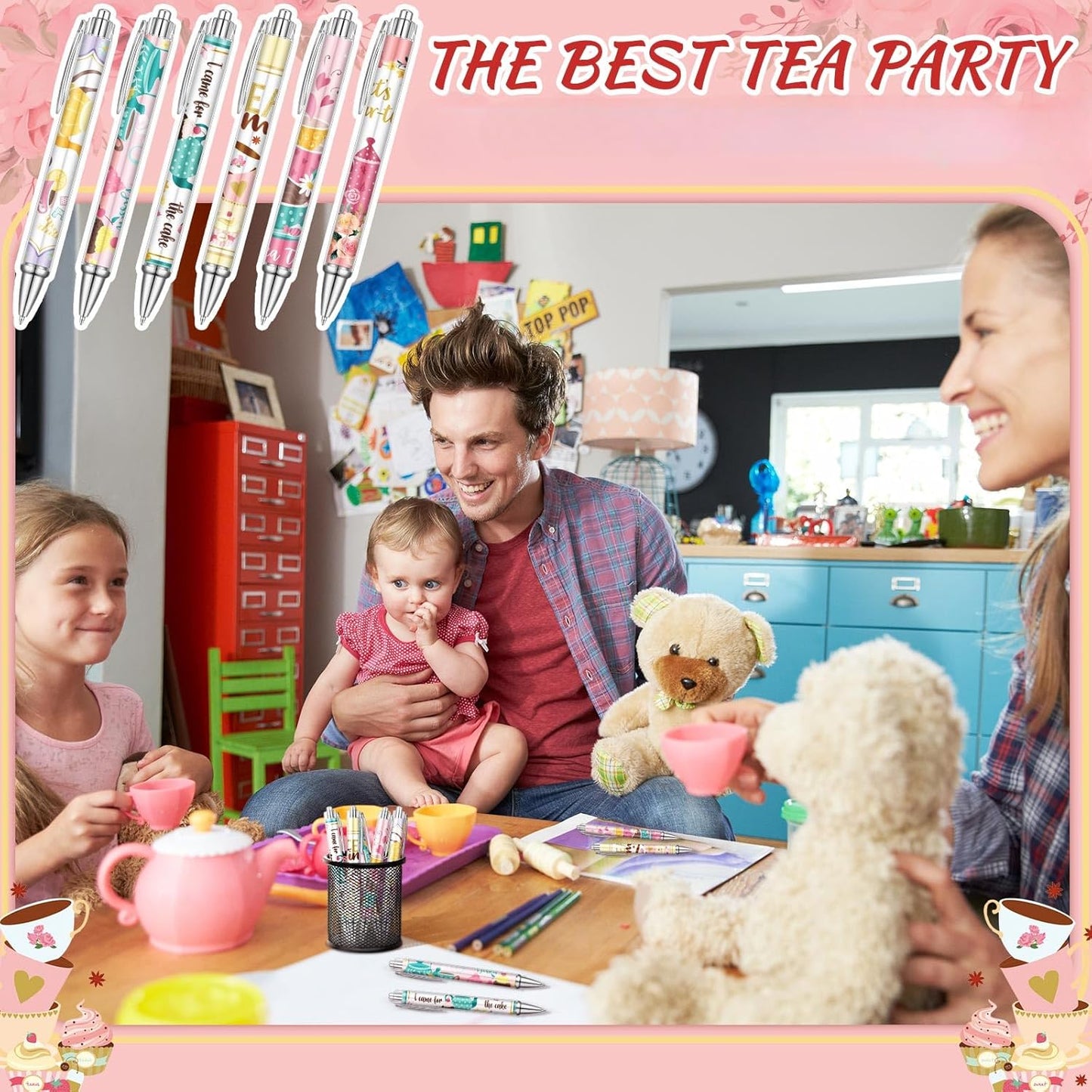 24 Pcs Tea Party Gift Pens Bulk Floral Tea Party Favors Pink Themed Party Decorations Tea Ballpoint Pen for Tea Party Birthday Party Supplies