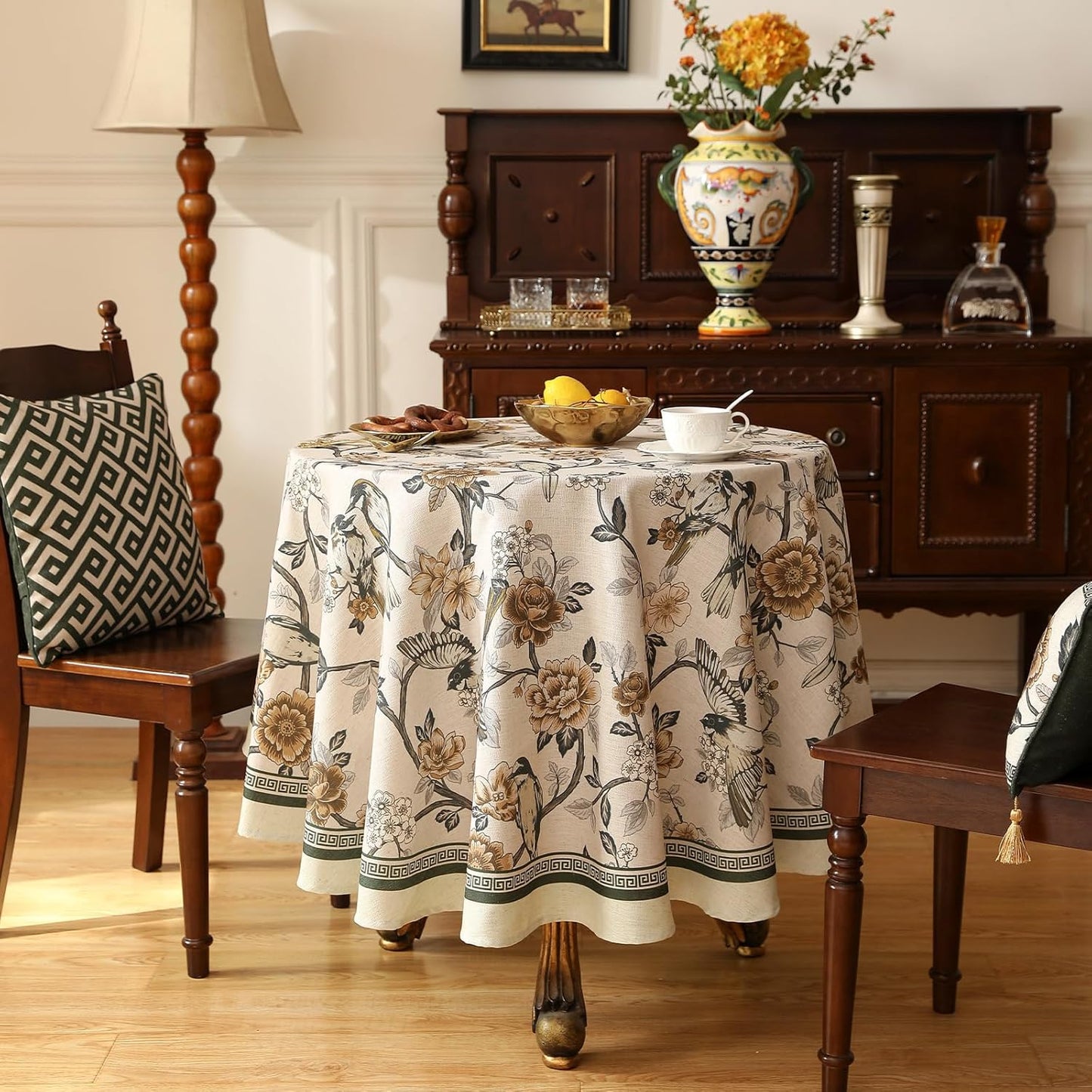 ISAENNE Designer Vintage Linen Small Round Table Cloth,Floral and Bird Pattern Elegant Tablecloth,Fall Wrinkle Resistant Home Decor Tablecloths for Dining Kitchen,Diameter 55"-Murad A