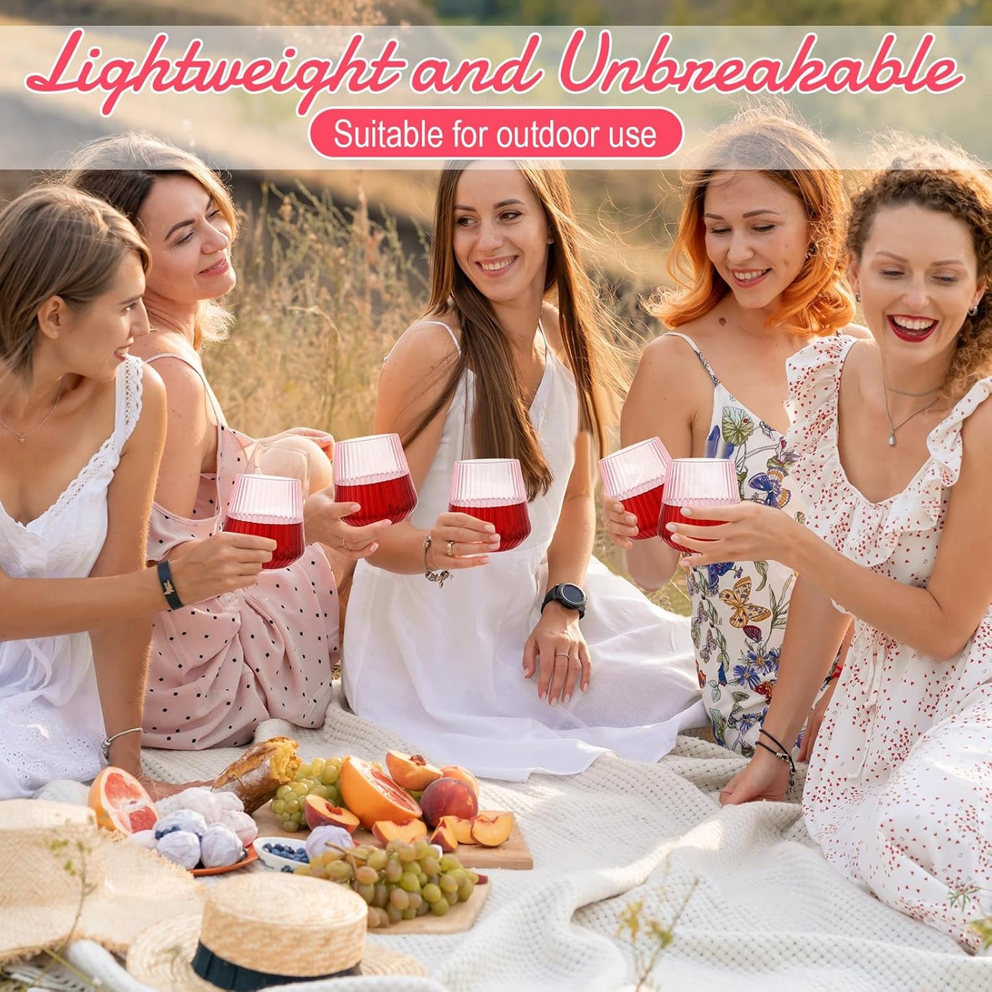 Suclain 50 Pcs Plastic Wine Glasses Pink Ribbed Stemless Wine 14oz Vertical Design Unbreakable Cups for Outdoor Indoor Vintage Elegant Champagne Whiskey Glasses for Christmas Party Wedding