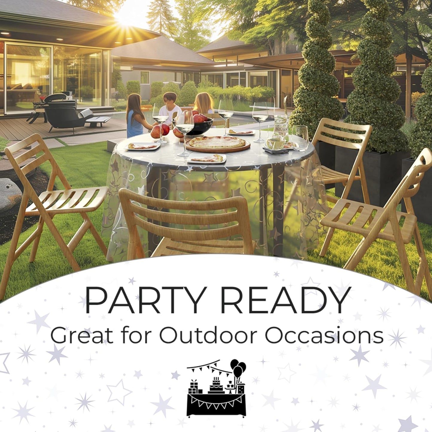 Exquisite Clear Silver Star Tablecloth Plastic 12-Pack Disposable Round Tablecloths 84" Silver Star Table Cloths Round Table Covers Plastic Tablecloth for Party Decorations