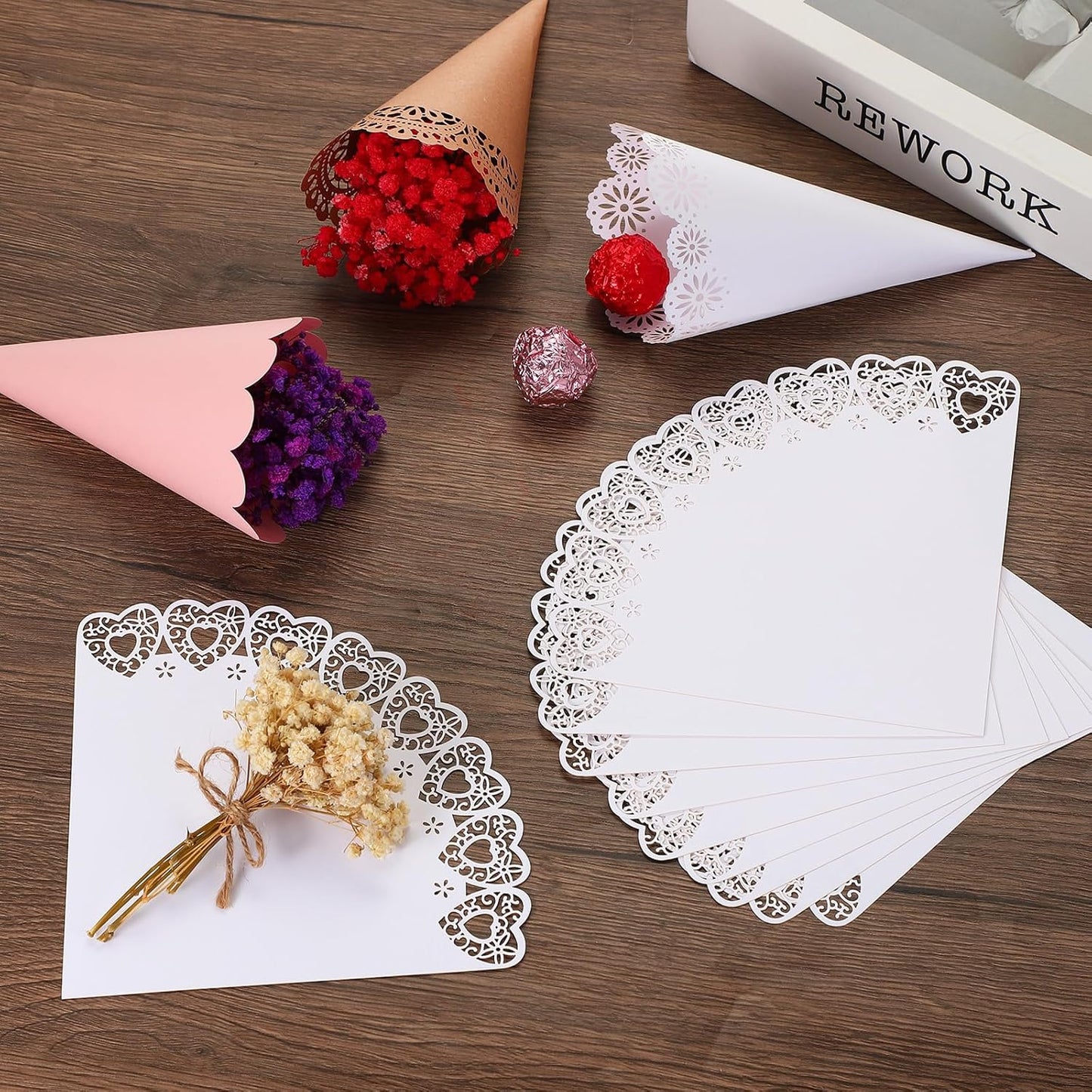 PATIKIL Wedding Confetti Cones, 50 Pcs Paper Tapers Hollow Print Lace Cone Bouquet for Party Candy Gift Boxes Chocolate Bags Buffet Bachelor Party Petals, Brown