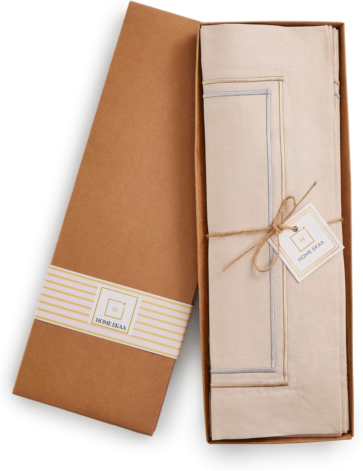 Cotton Linen Placemats Set of 4 – Summer Beige Placemats 14 x 19 Inch – Machine Washable Fabric Table Place Mats with Line Embroidery – Wedding Decoration, Gift