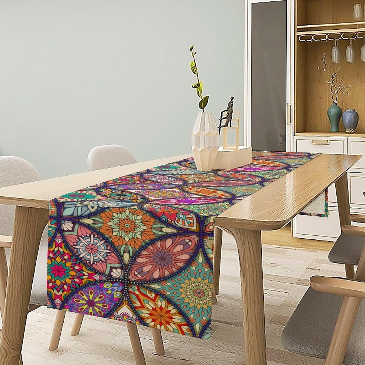 Boho Floral Table Runner,Colorful Flower Retro Bohemian Table Cloth Kitchen Dining Table Home Party Decoration 13x36 Inch