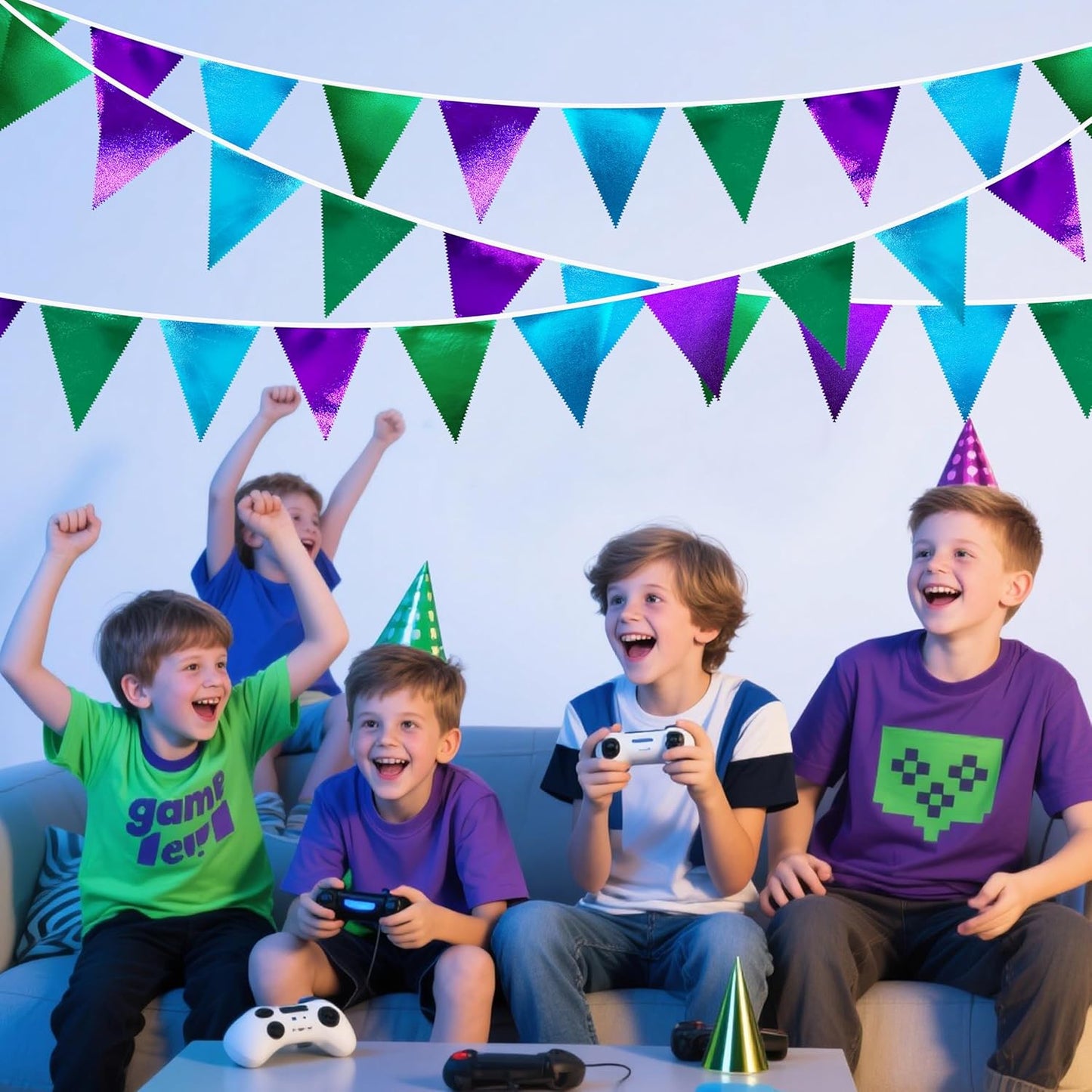 Blue Green Purple Party Decorations Metallic Fabric Triangle Pennant Banner Flag Bunting for Men Boys Video Game Theme Birthday Graduations Retirement Wedding Bachelor Baby Shower Party Supplies