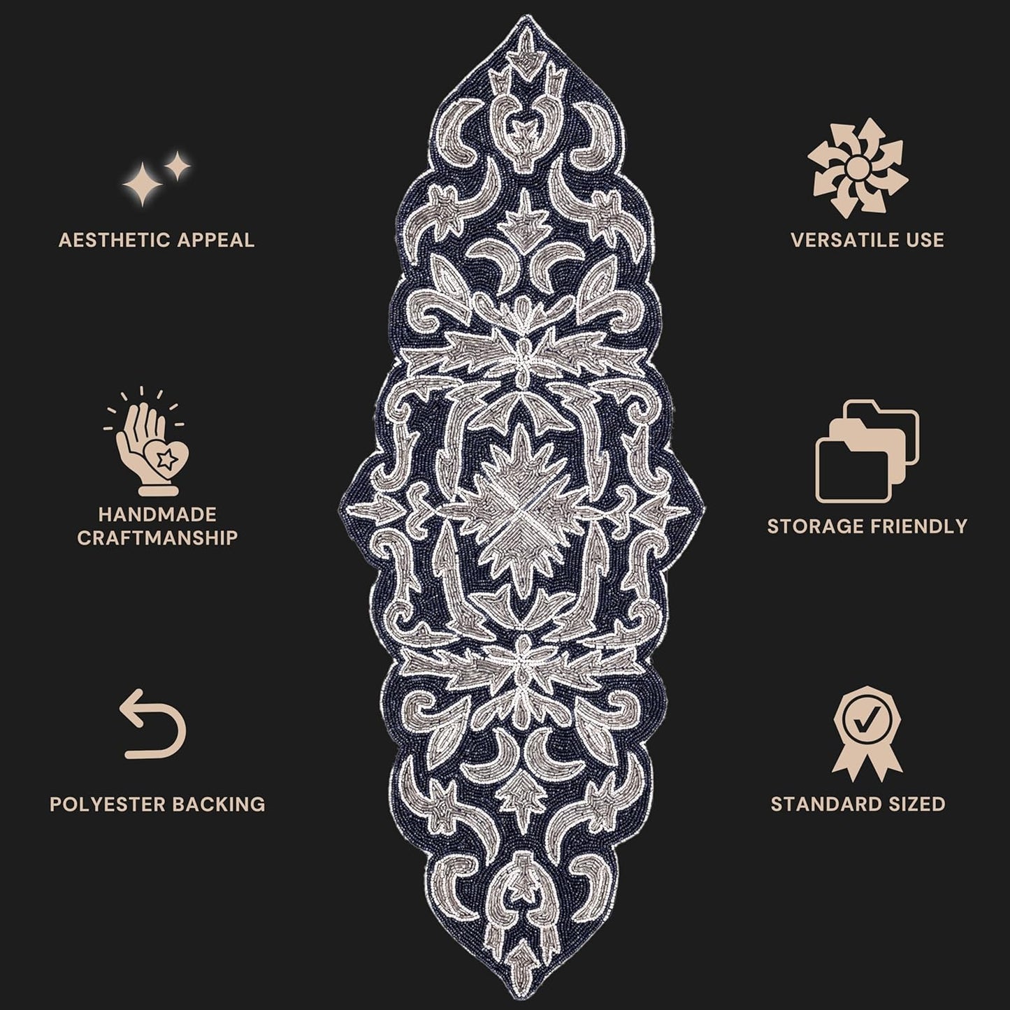 Decorative Beaded Table Runner - 36" Glass Beads & Polyester Table Runner Ideal for Dining, Décor, Luxury Table Centerpiece for Weddings, Holidays & Modern Home Accents (Blue Silver) - CLEENTABLE