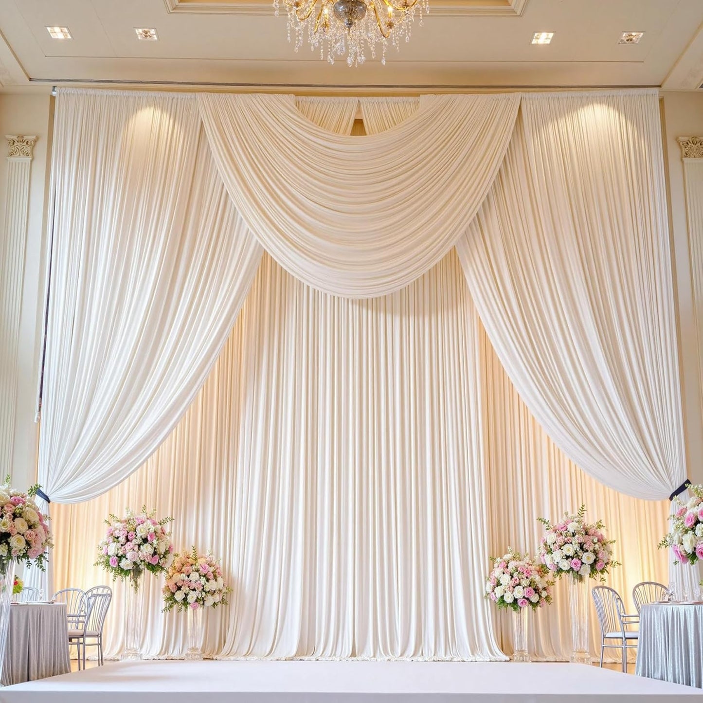 20ft x 15ft Ivory Wrinkle Free Backdrop Curtains for Parties,Silky Polyester Fabric Wedding Ceiling Drapes, 4 Panels 15ft Photo Back Drop Drapes for Baby Shower Photography Stage Background Cloth