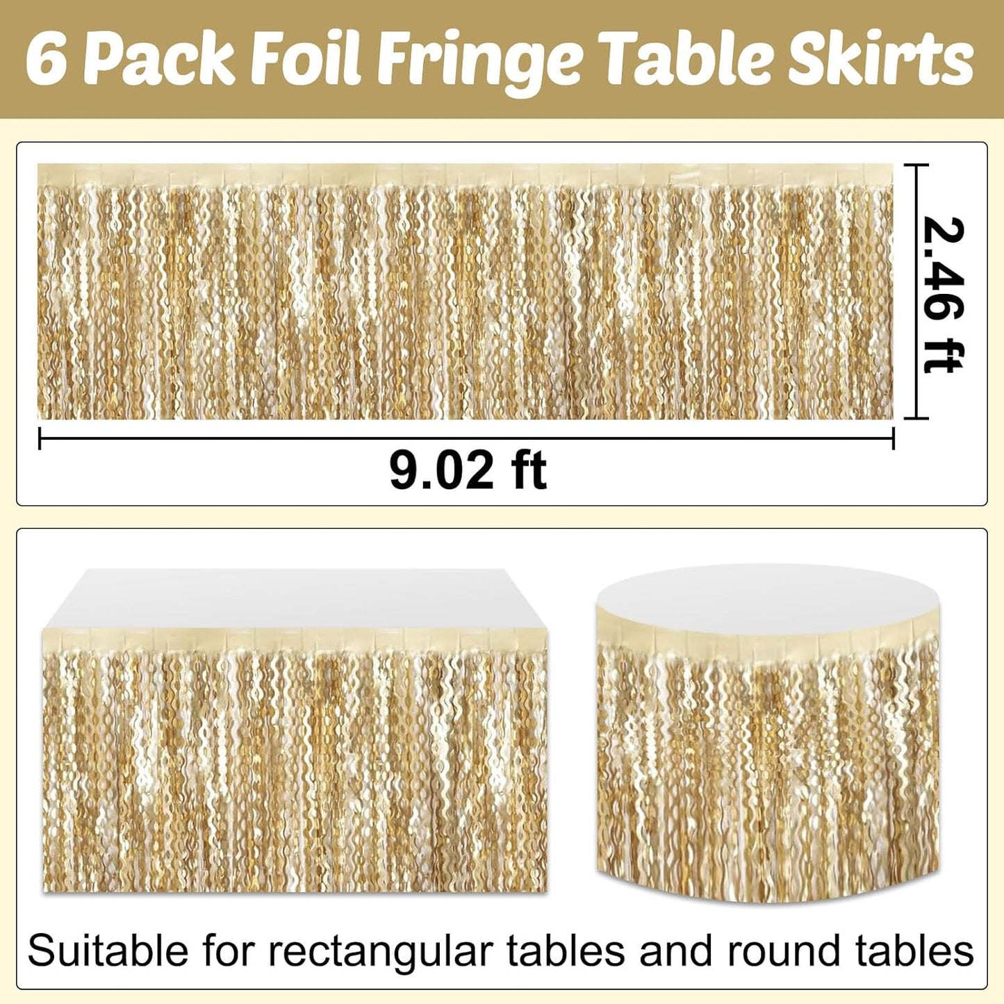 6 Pack 29x108 Inch Champagne Gold Wave Foil Fringe Table Skirts Metallic Banner for Tinsel Streamer Garland Backdrop for Parade Floats Wedding, Mother's Day, Birthday Mardi Gras Party Decorations