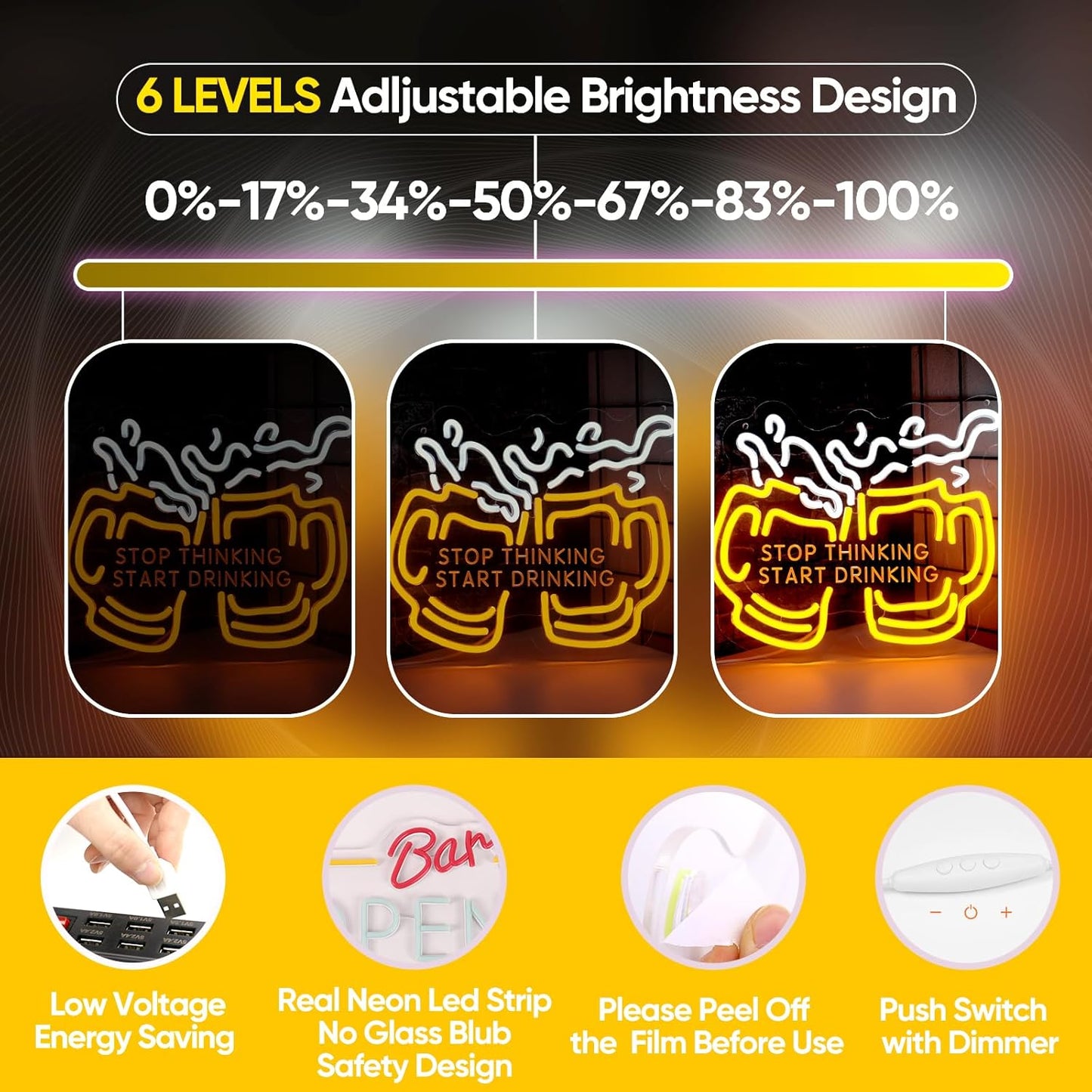 Stop Thinking Start Drinking Neon Sign for Wall Decor, Dimmable Two Beers Cheers Neon Lights with USB Powered Light up Sign for Home Bar Man Cave Party Club Restaurant