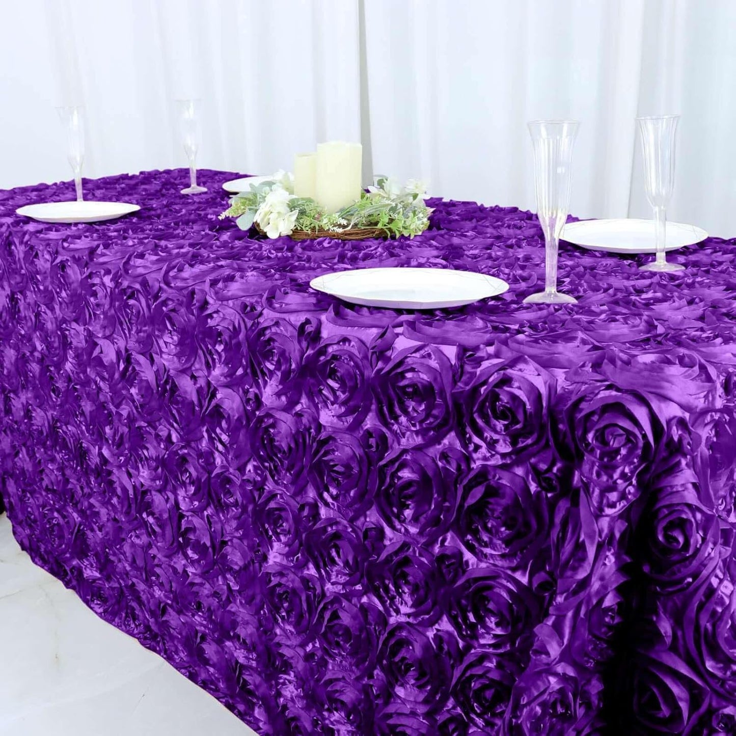 Efavormart 90"x132" Wholesale Rectangle Table Cover Purple Grandiose Rosette 3D Satin Tablecloth for Wedding Party Event Decoration