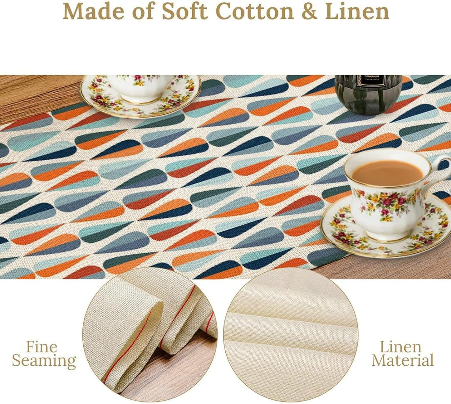 Mid Century Table Runner, Modern Style Retro Pattern Droplet Shapes Mosaic Tones Pattern Print for Home Kitchen Table Decor Dining Coffee Room Party Decor 13x120in