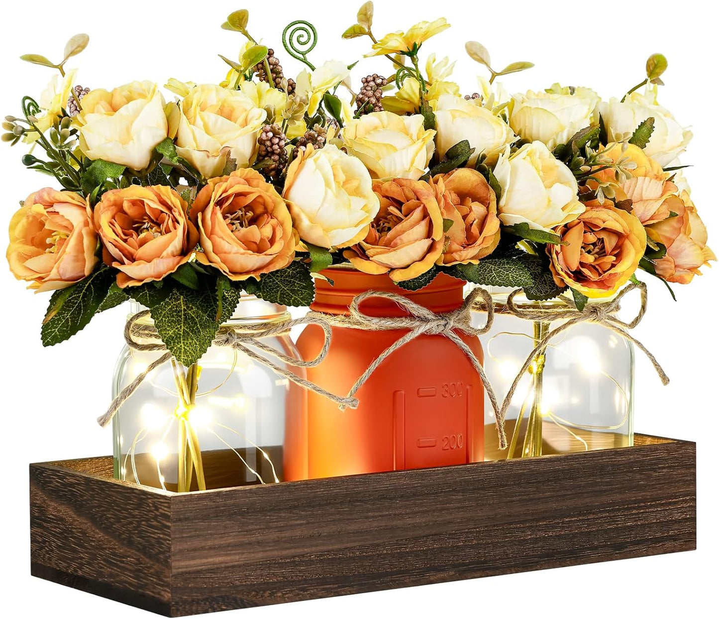 Mason Jar Lights Centerpiece Table Decorations Fall Decor for Home – 3 Jar Flowers with String Lights and Wooden Tray for Dining Room, Farmhouse Autumn Wedding, Kitchen, Living Room, Bathroom