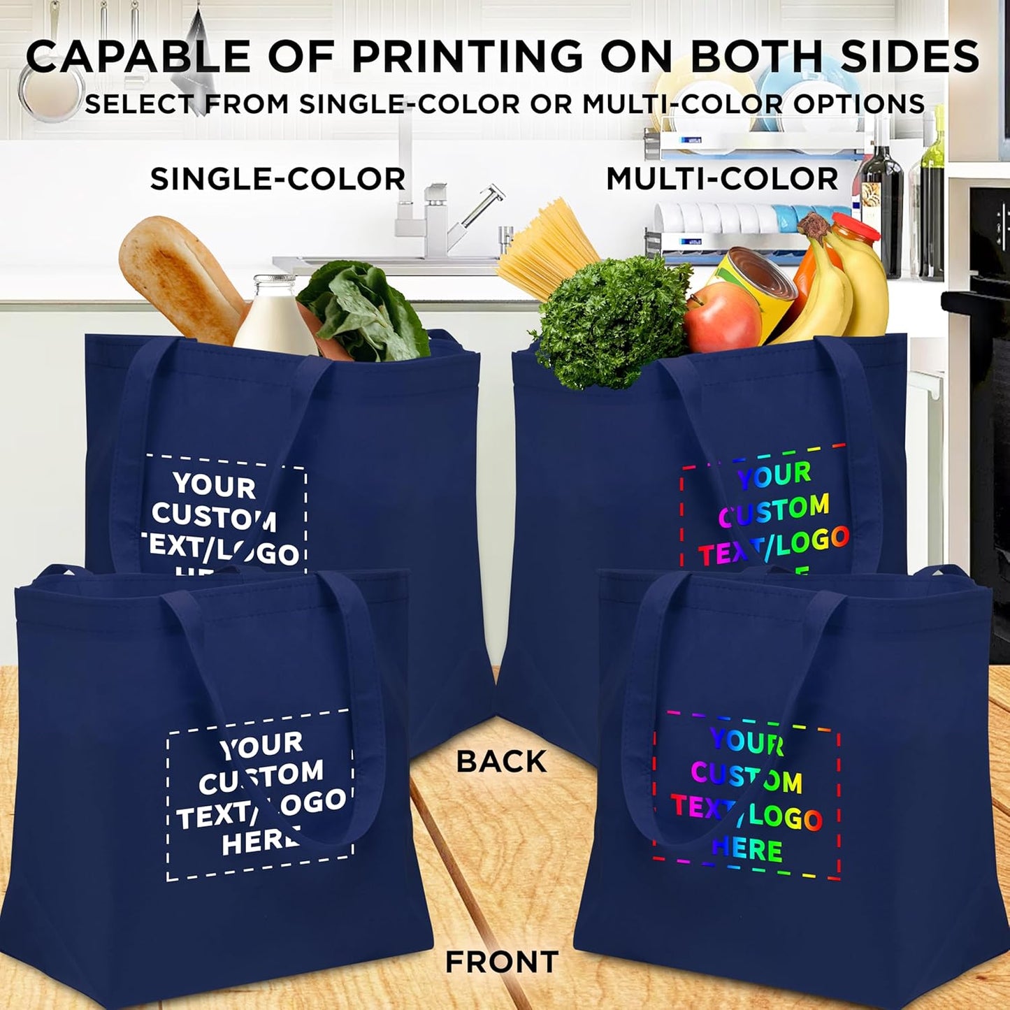 DISCOUNT PROMOS Custom Southern Style Grocery Tote Bags Set of 100 - Personalized Bulk Pack, Reusable Grocery & Shopping Bags - Great for Travel, Business Promotions - Navy Blue - 20"X13"X8"