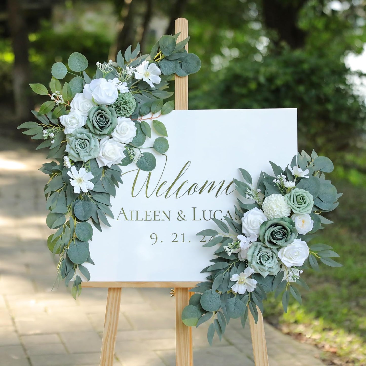 Artificial Sage Green Wedding Arch Flowers Swags Set of 2 for Welcome Signs, Reception and Ceremony Decorations - White Floral Decor