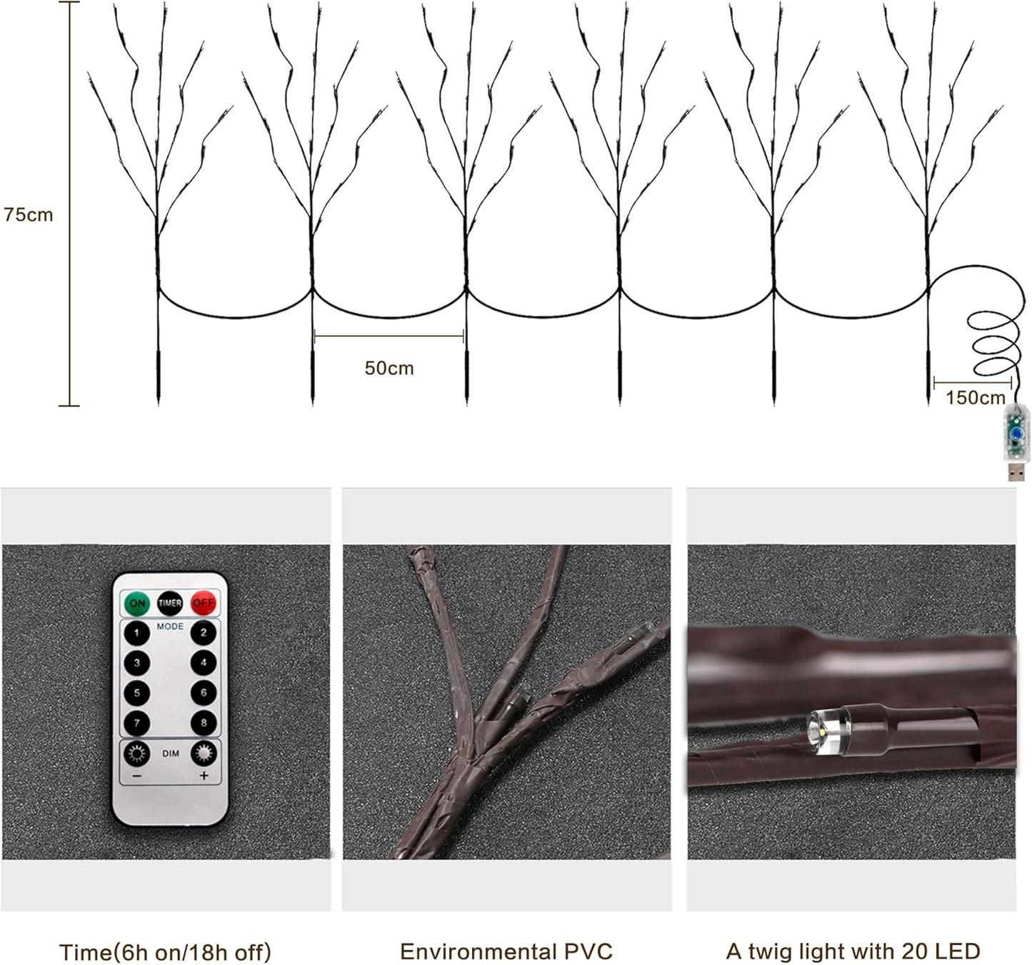 MENCH Branch Lights,6 Pcs Twig Light USB&Battery Powered 8 Flashing Modes by Remote Control.Branch Lights for Indoor, Light Up Decorations for Halloween Day and Christmas,Green