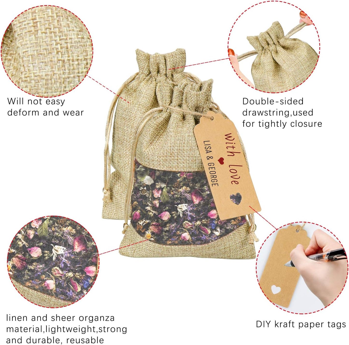 GIOIPC 50Pcs 5 x 7 Inch Linen Burlap Sheer Bags with Drawstring and Bonus Gift Tags for Wedding Birthday Bag,Craft Bags,Cosmetic Samples