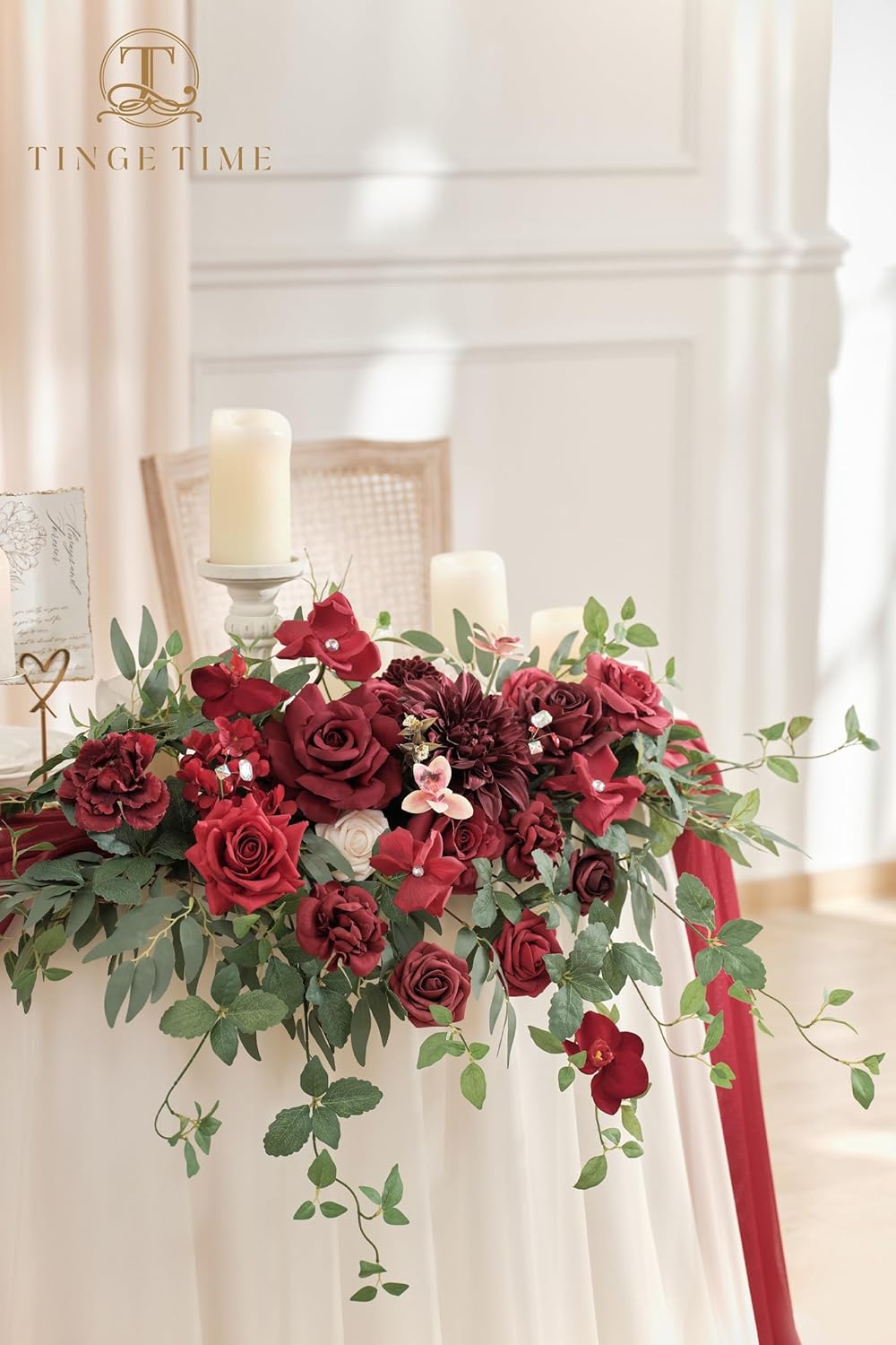 TINGE TIME Artificial Sweetheart Flower Swag with Tablecloth and Table Runner, Pack of 3 Floral Arrangement for Wedding Sweetheart Table Centerpiece Decoration (Burgundy Red)