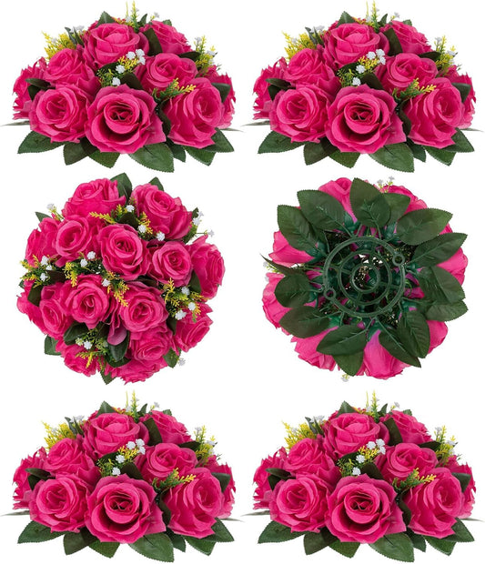 BLOSMON Pink Roses Artificial Flowers: 6 Pcs Hot Pink Fake Flower Balls for Wedding Dinning Table Centerpieces - Fake Silk Kissing Bouquet Floral Arrangement for Home Party Event Decor