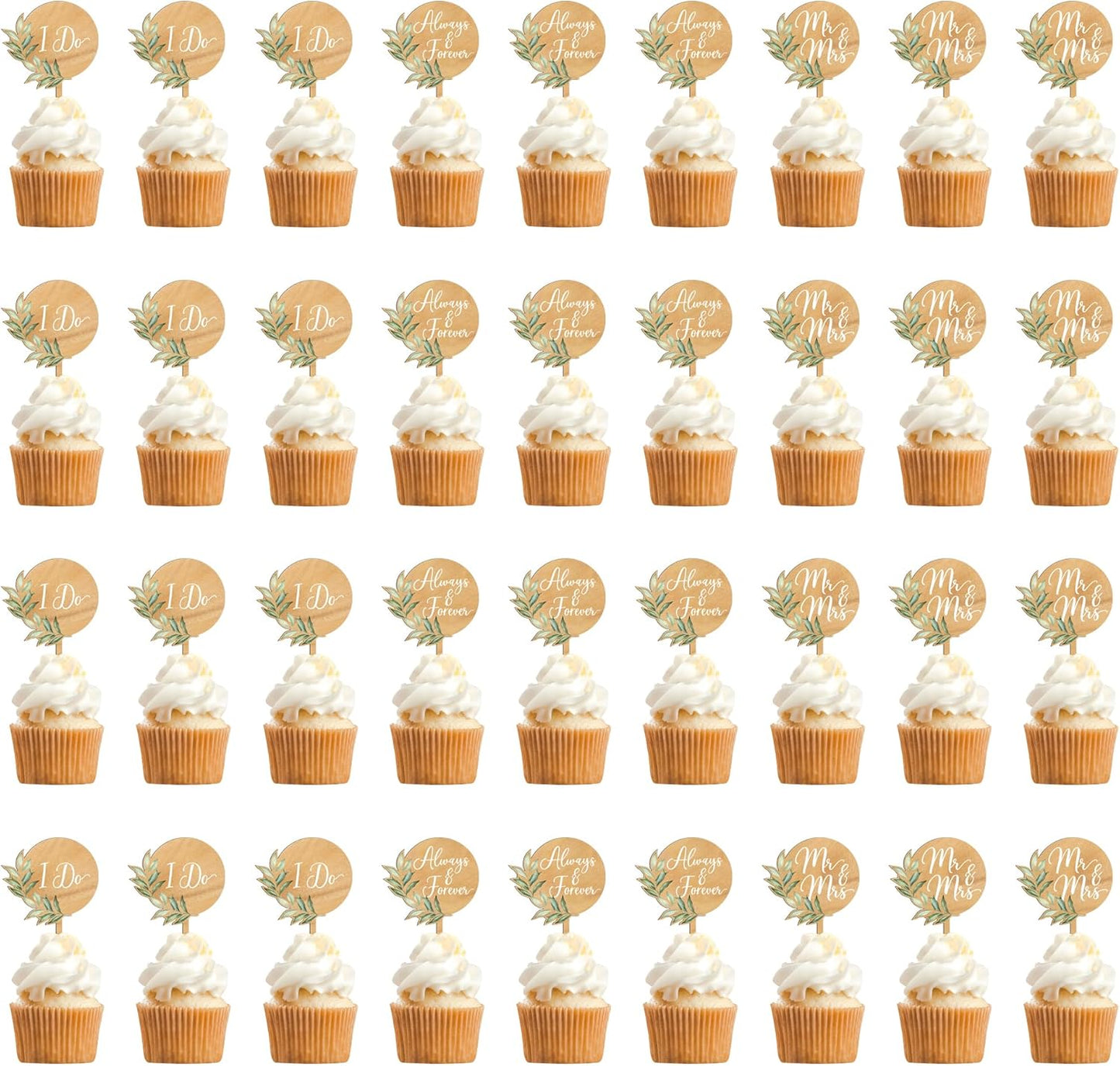 36 PCS Wedding Cupcake Toppers Green Mr & Mrs Wedding Cake Cupcake Decorations in Wood