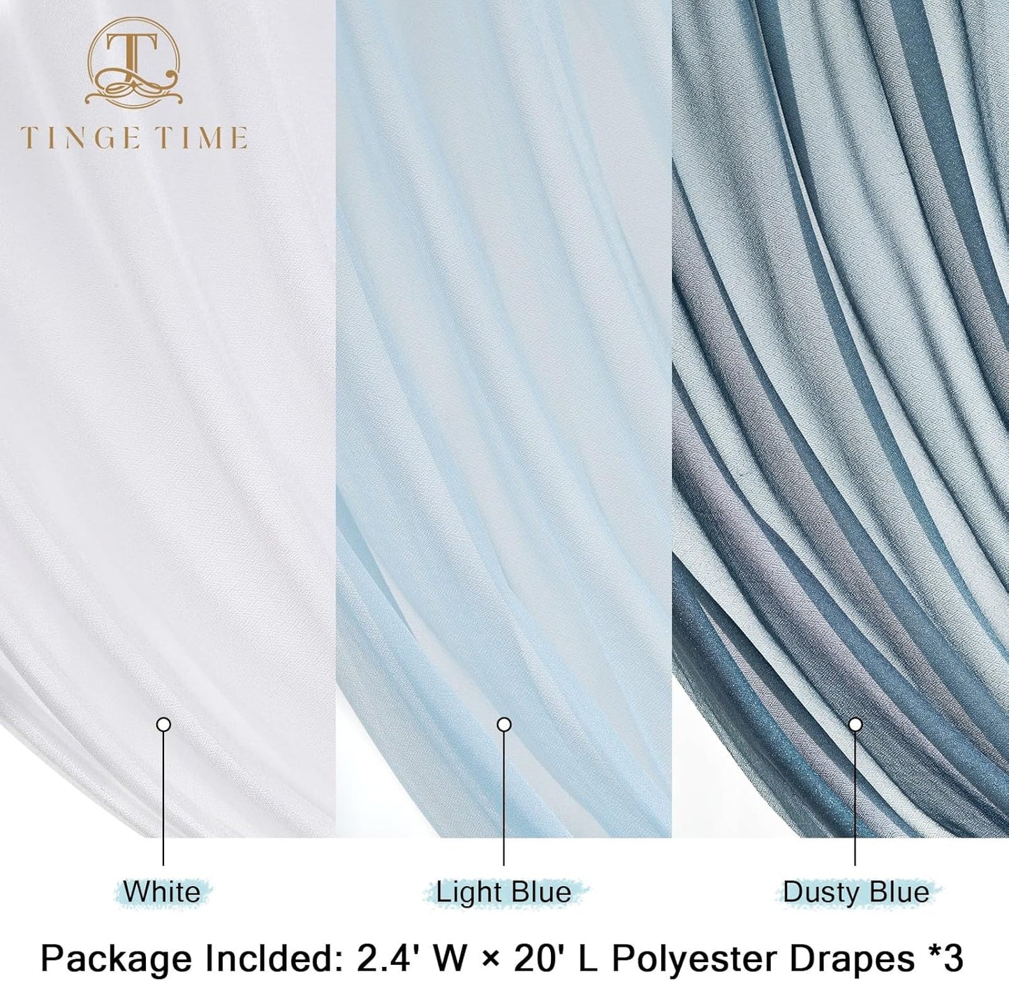 TINGE TIME 3 Panels Wedding Arch Draping Fabric, 30" x 20ft Gradient Blue Chiffon Fabric Drapery Sheer Backdrop Curtain for Weddings Ceremony Party Decoration,Wedding Arch Drapes for Weddings Ceremony