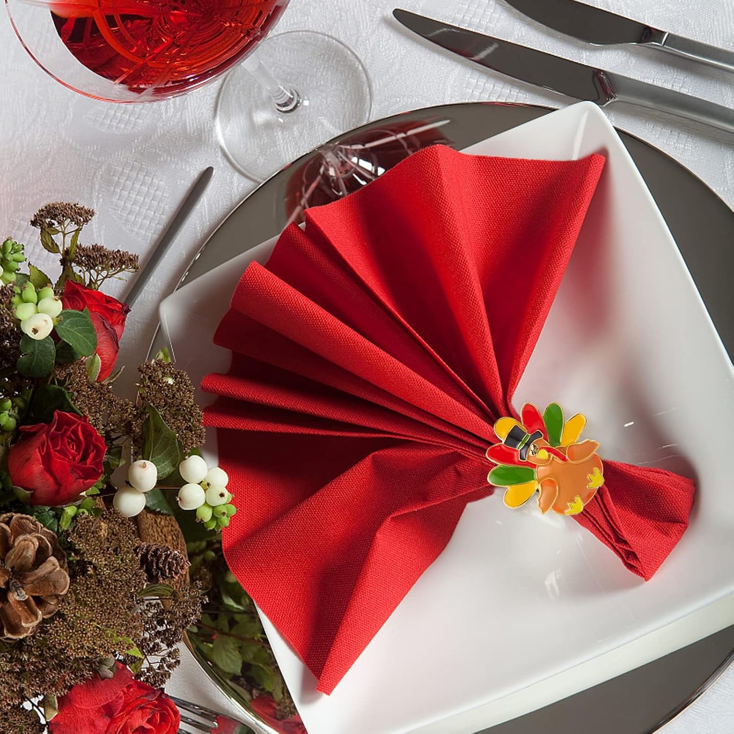 Halatool Thanksgiving Turkey Napkin Rings Set of 8, Alloy Fall Napkin Rings Dinner Tables Holders for Thanksgiving Weddings Holidays Gathering Dinner Party Decorations