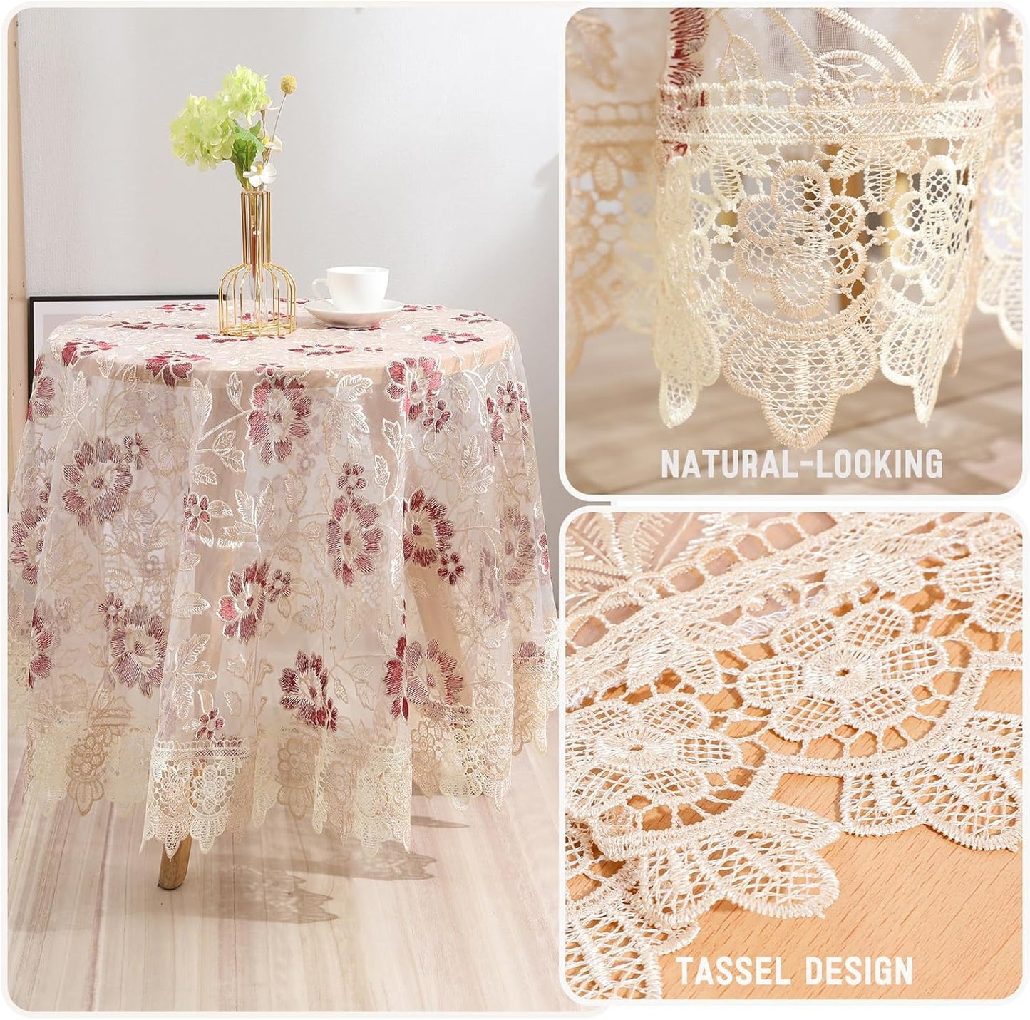 Round Embroidered Lace Tablecloth Vintage Decorative Exquisite Border Table Cover for Party Wedding Home Decorations, Round-35, Red