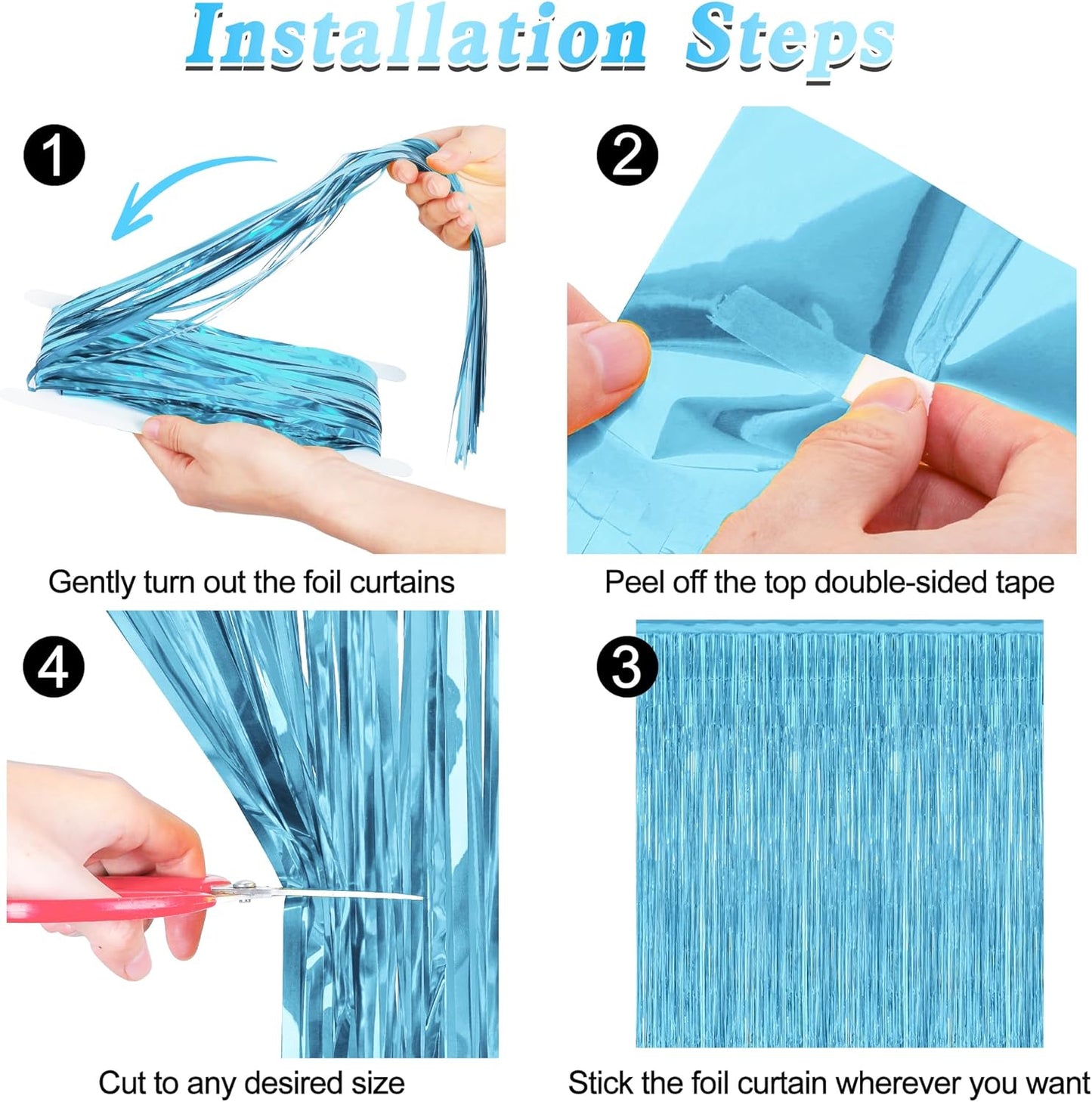 4 Pack Party Decorations, 3.28 FT x 7.05 FT Blue Foil Streamers, Metallic Sky Blue Backdrop Fringe Curtains Bithday Back Drop, Winter Backdrop for Party Supplies Door Decor Hanging