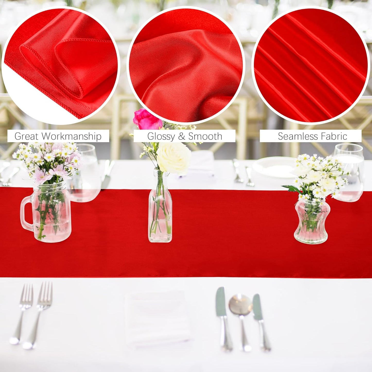 Aneco 16 Pack Satin Table Runner 12 X 108 Inch Red Long Wedding Satin Silk Table Runner for Wedding Banquet Graduations Birthday Party Decoration