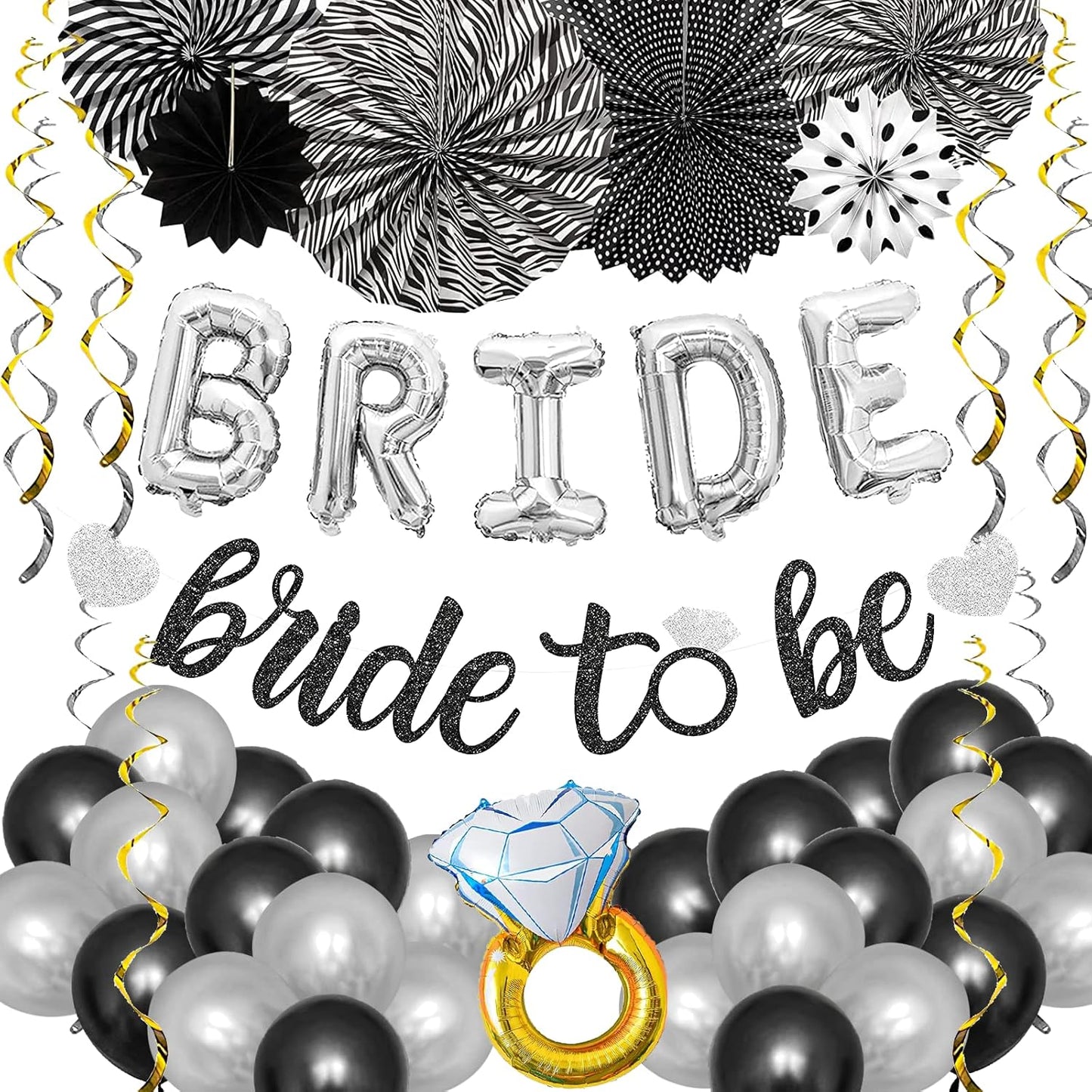 Black Silver Party Decorations - Bridal Shower Decorations Set Bachelorette Party Supplies with Bride to Be Banner,Bride Foil Balloon,Diamond Ring Foil Balloon,Paper Fan Hanging Swirl