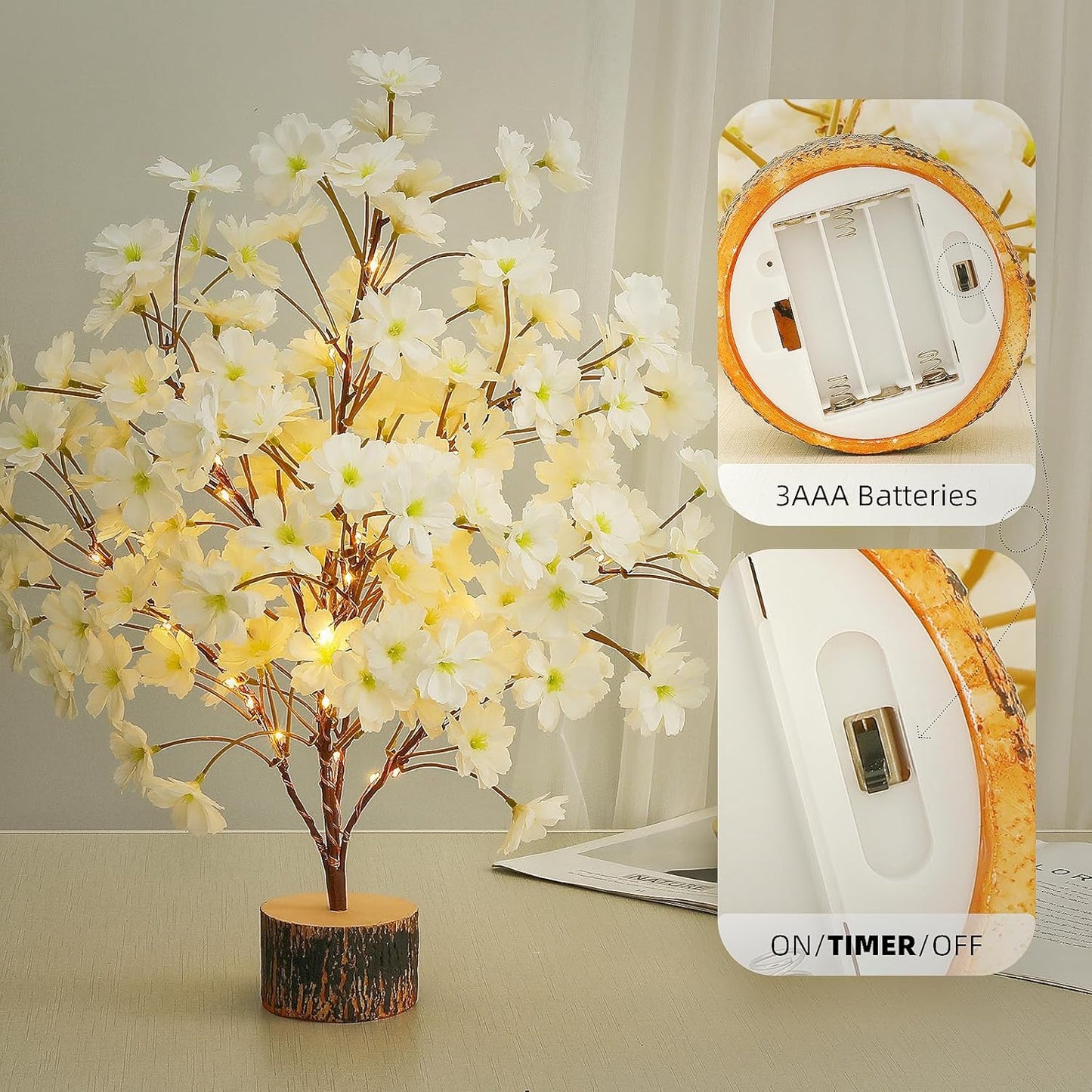 19Inch Cherry Blossom Tree Light, Lighted Artificial Tree with White Silk Flowers, Battery Operated Lamp with Timer for Summer Wedding Decorations,49 Fairy LEDs