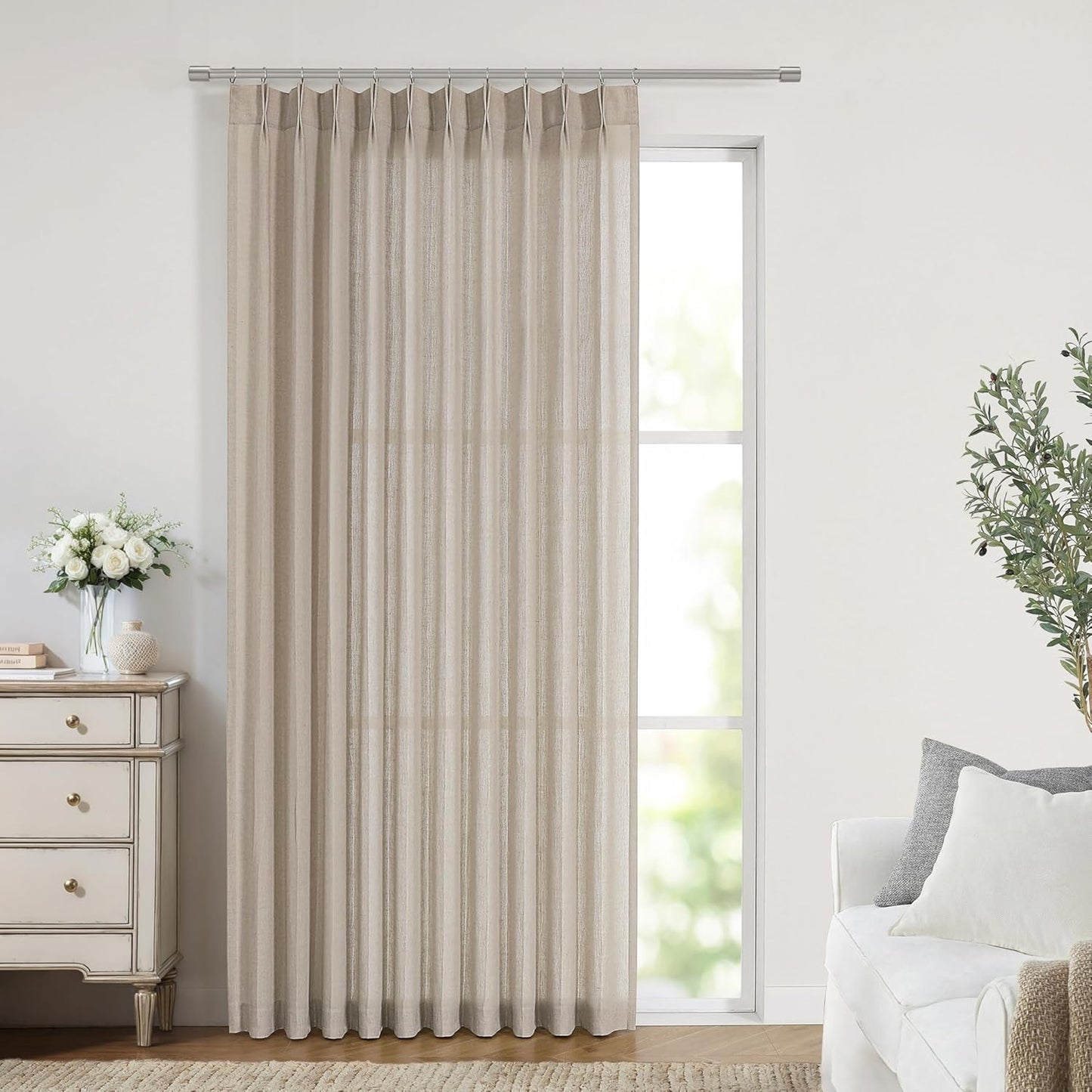 Vision Home Sand Pinch Pleated Semi Sheer Curtains Textured Linen Blended Light Filtering Window Curtains 90 inch for Living Room Bedroom Patio Pinch Pleat Drapes with Hooks 1 Panel 60" Wx90 L