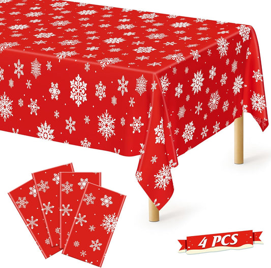 4 PACK Christmas Tablecloths, 54" x 108" Holiday Party Decor, Snowflakes Tablecloth Xmas Plastic Tablecloth Disposable Table Cloth Rectangle Tablecover, Christmas Decorations Holiday Party Supplies