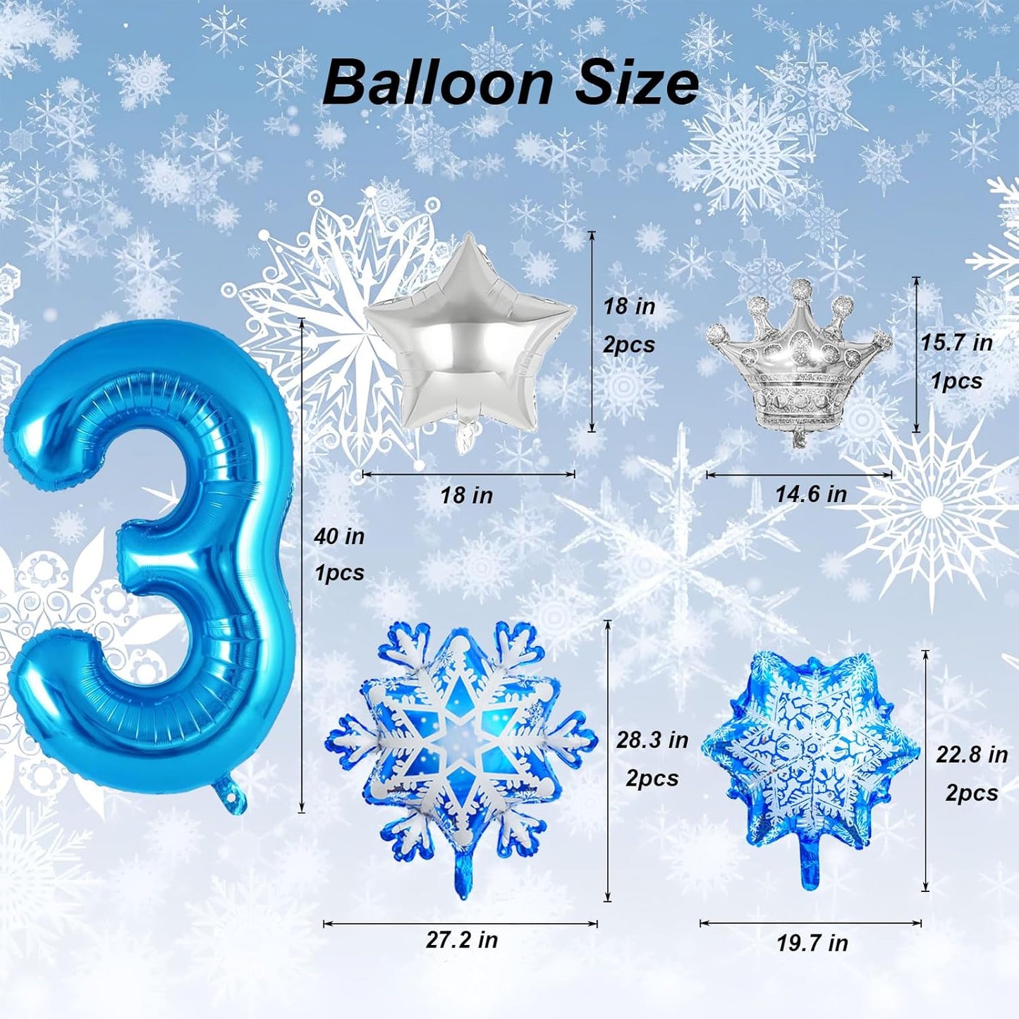 8Pcs Winter Wonderland Decorations - 40inch Blue Number 3 Balloons - Snowflake Foil Balloons for Winter Birthday Decorations - Party Supplies