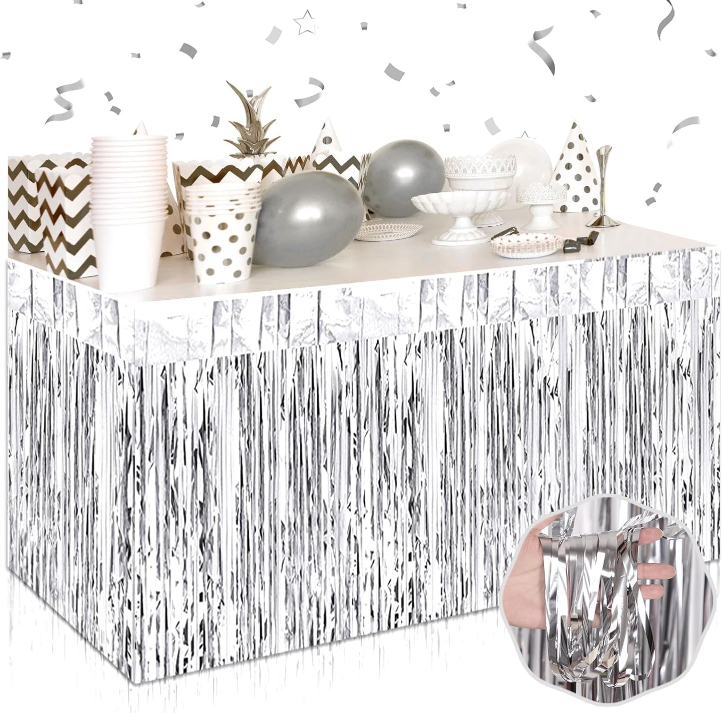 3 Pack 29 x108 Inch Silver Foil Fringe Table Skirts Metallic Banner for Tinsel Streamer Garland Backdrop for Parade Floats Wedding Thanksgiving Birthday Christmas Halloween New Year Party Decoration