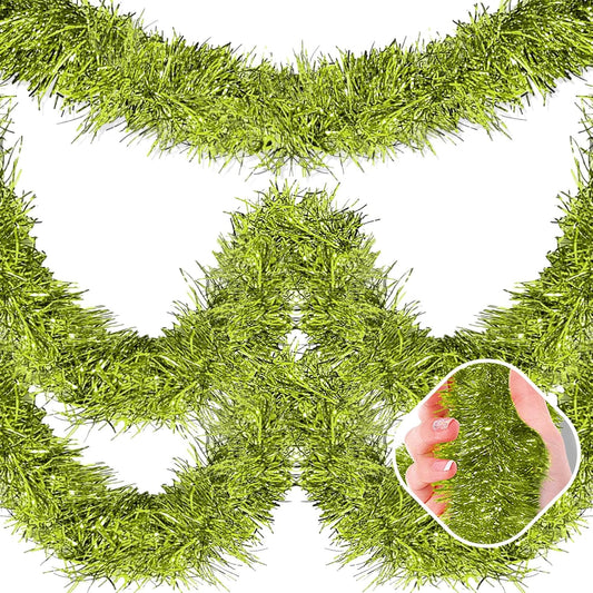 25 Feet Light Green Christmas Tinsel Garland, Metallic Foil Twist Garland Wall Hanging Tinsel Banner Backdrop for Parade Floats, Easter, Mother's Day, Birthday Party Decorations (4in x 25ft)