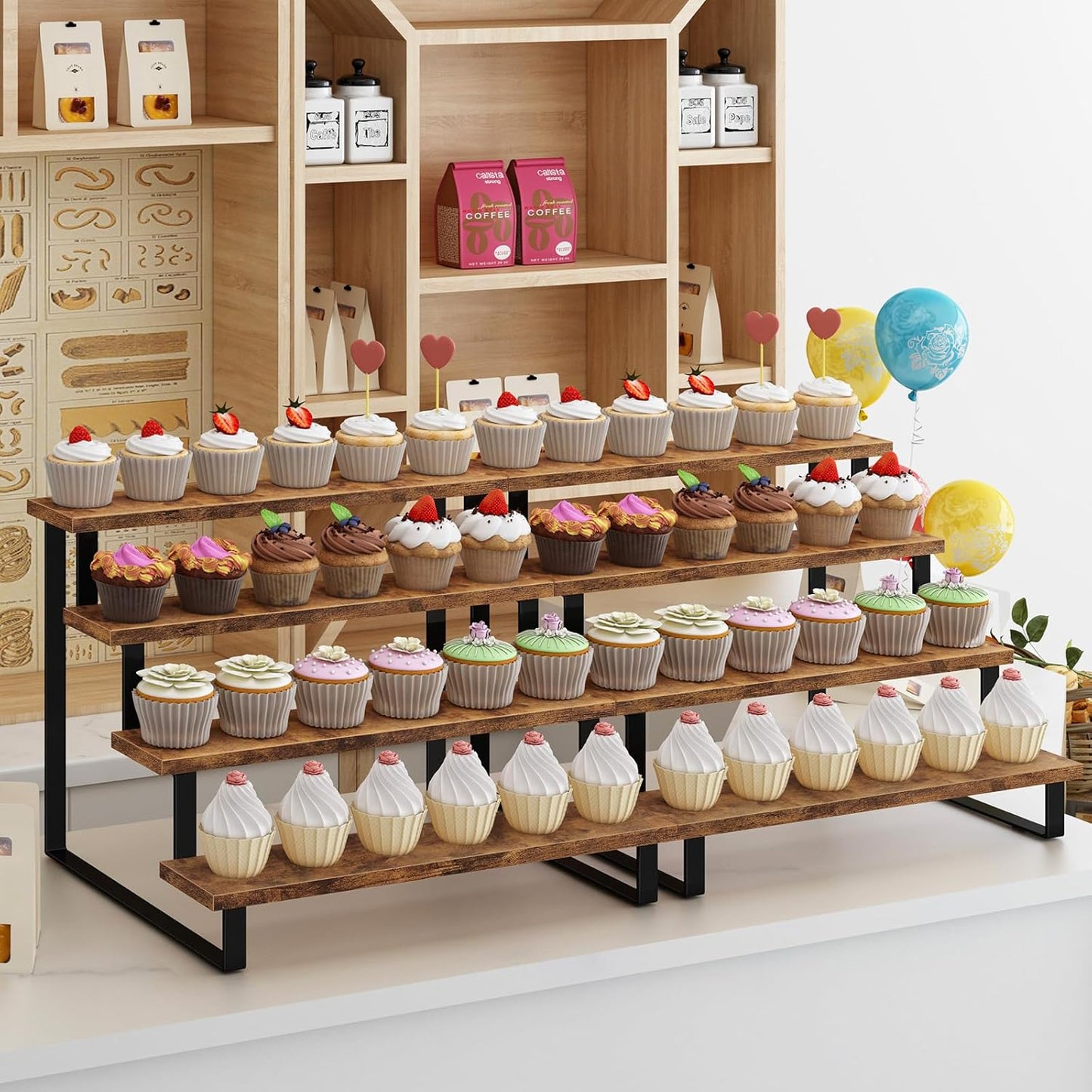 ELITEROO Cupcake Display Stand, 4 Tier Wooden Dessert Stand, Cookie Treat Stands for Dessert Table Set, Food Display Risers for Party Wedding Decor Birthday Graduation, Rustic Brown Straight