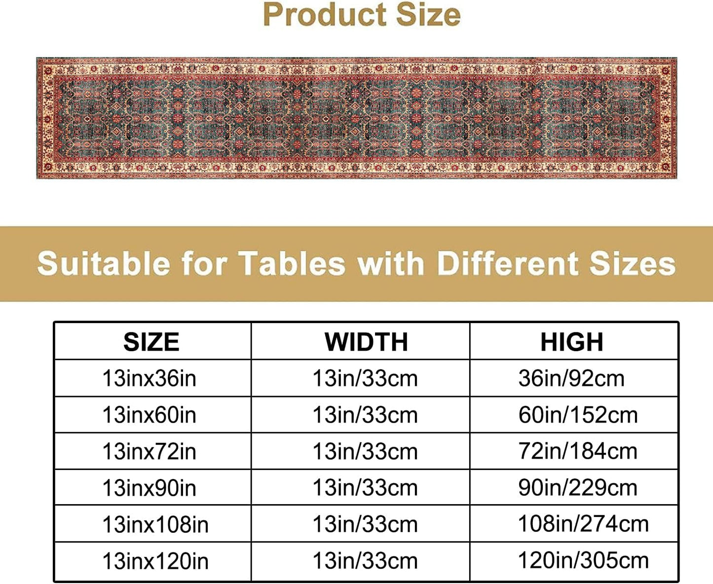 Vintage Boho Floral Table Runner, Rustic Country Farmhouse Red Teal Retro Flower Pattern for Home Kitchen Table Decor Dining Coffee Room Party Decor 13x36in