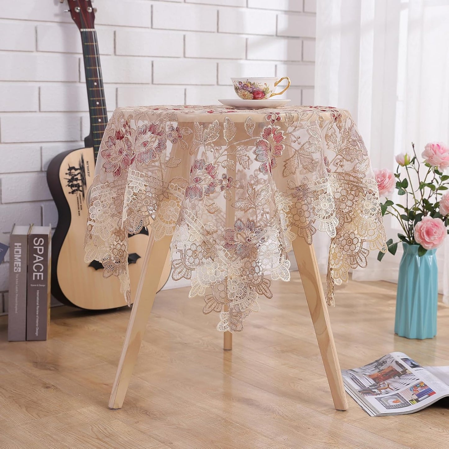 Lace Floral Tablecloth Round Lace Vintage Decorative Exquisite Border Table Cover for Party Wedding Home Decorations, Round-48, Red