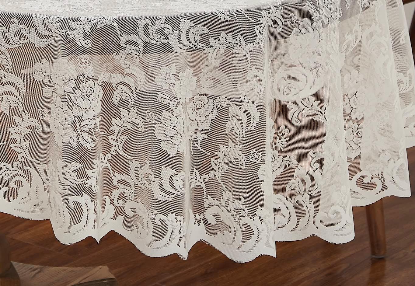 LinenZone Ivory Round Tablecloth for Rustic Vintage Decor. Sheer Lace Table Cloth Works Great As Wedding Tablecloth or Thanksgiving Table Cover. (Mia 60 Round, Ivory)