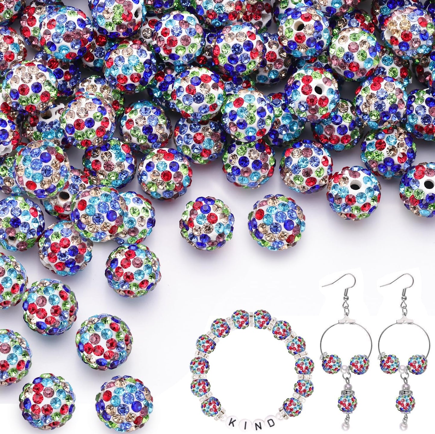 100pcs 10mm Rhinestone Beads for Jewelry Making, White Mixed Shiny Round Shamballa Disco Beads Bulk, Sparkle Crystal Clay Christmas for Bracelet Baseball Necklace Earring Crafting and DIY