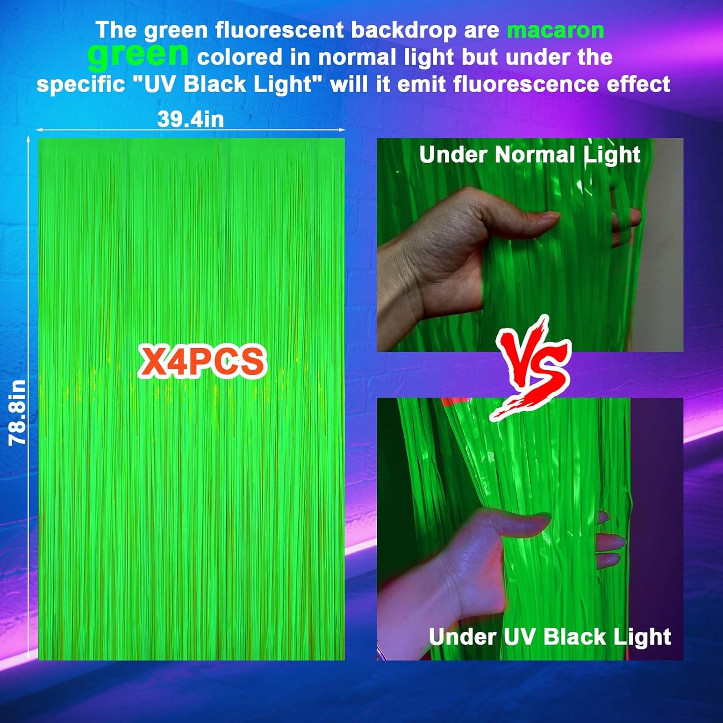 Glow in The Dark Party Supplies, 4 Packs Neon Party Decorations, Macaron Green Blacklight Reactive Fluorescent Tinsel Foil Fringe Curtains, Luminous Backdrop Streamers for Birthday, Photo Booth Prop