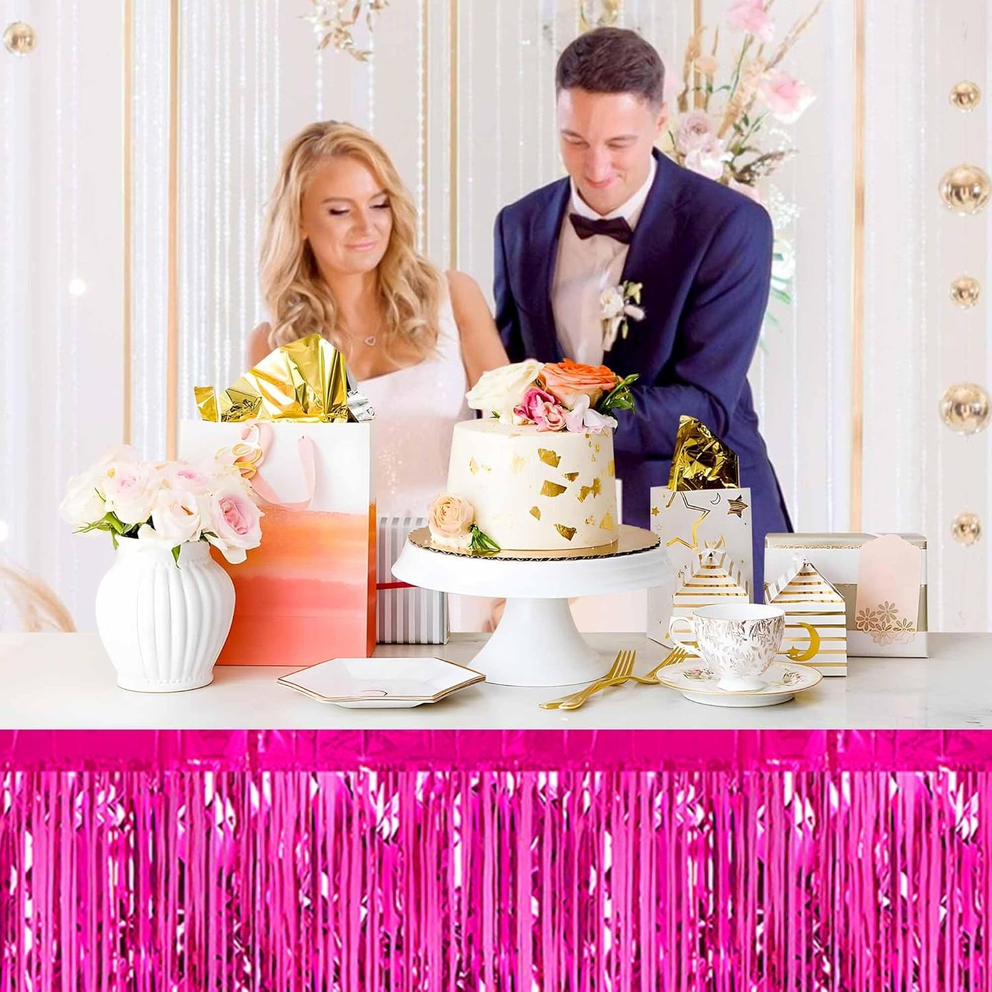 3 Pack 29 x108 Inch Fuchsia Foil Fringe Table Skirts Metallic Banner for Tinsel Streamer Garland Backdrop for Parade Floats Mother's Day, Graduate, Birthday, Wedding Party Decoration