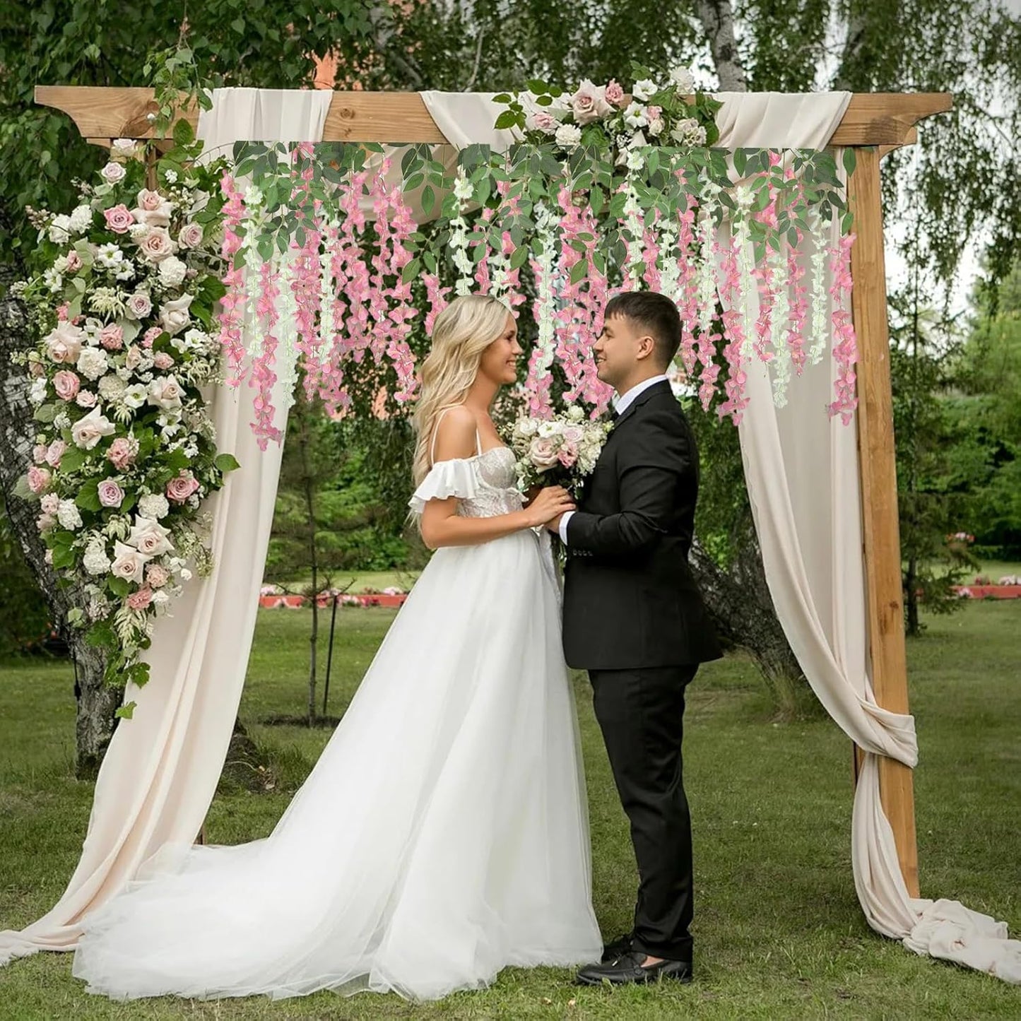 48 Pcs of Wisteria Hanging Flowers, 3.75 Ft Fake Flower Strings, Artificial Wisteria Flowers Hanging Garland for Backdrop, Wedding, Ceremony, Garden and Home Wall Decoration(White)